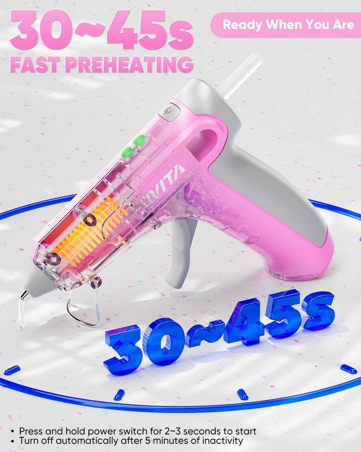 EZUVITA 4V Pink Cordless Hot Glue Gun Kit with 30 Multi-Color Glue Sticks thumbnail 3