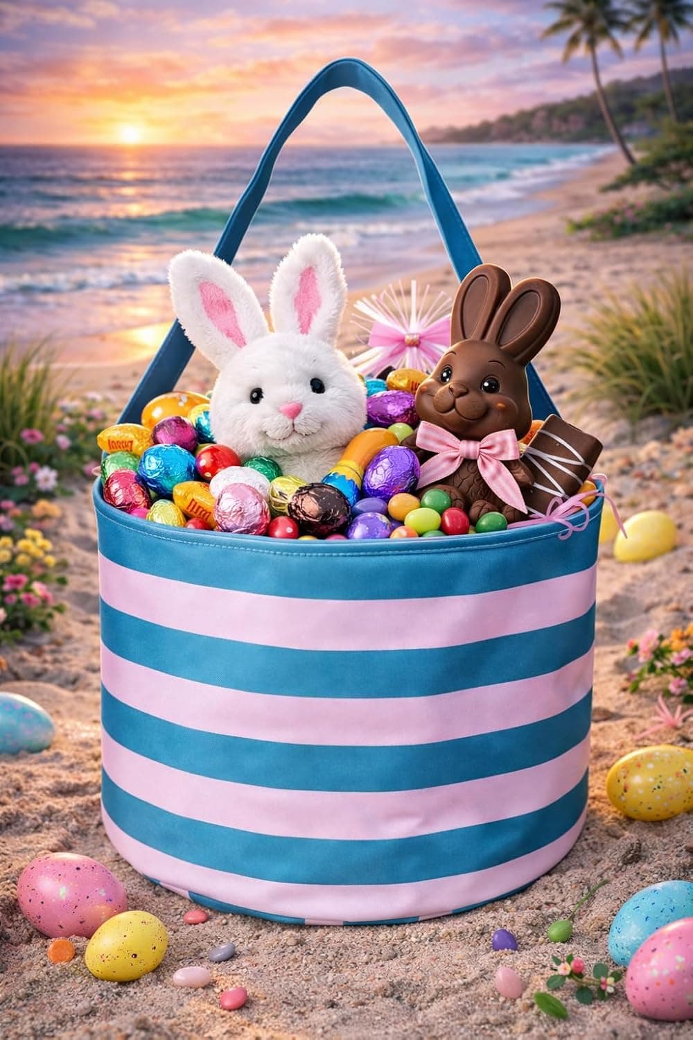 101 BEACH Personalized with Embroidered Name Fun Print Easter Basket Bucket Tote Bag Polyester Canvas (Turquoise Stripe) : Clothing, Shoes &amp; Jewelry thumbnail 3