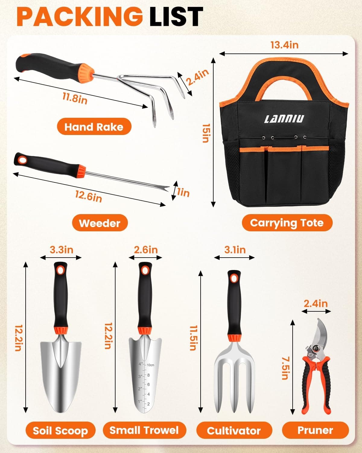 LANNIU Garden Tool Set - 7 Piece Stainless Steel Gardening Tools with Floral Tote Bag thumbnail 2