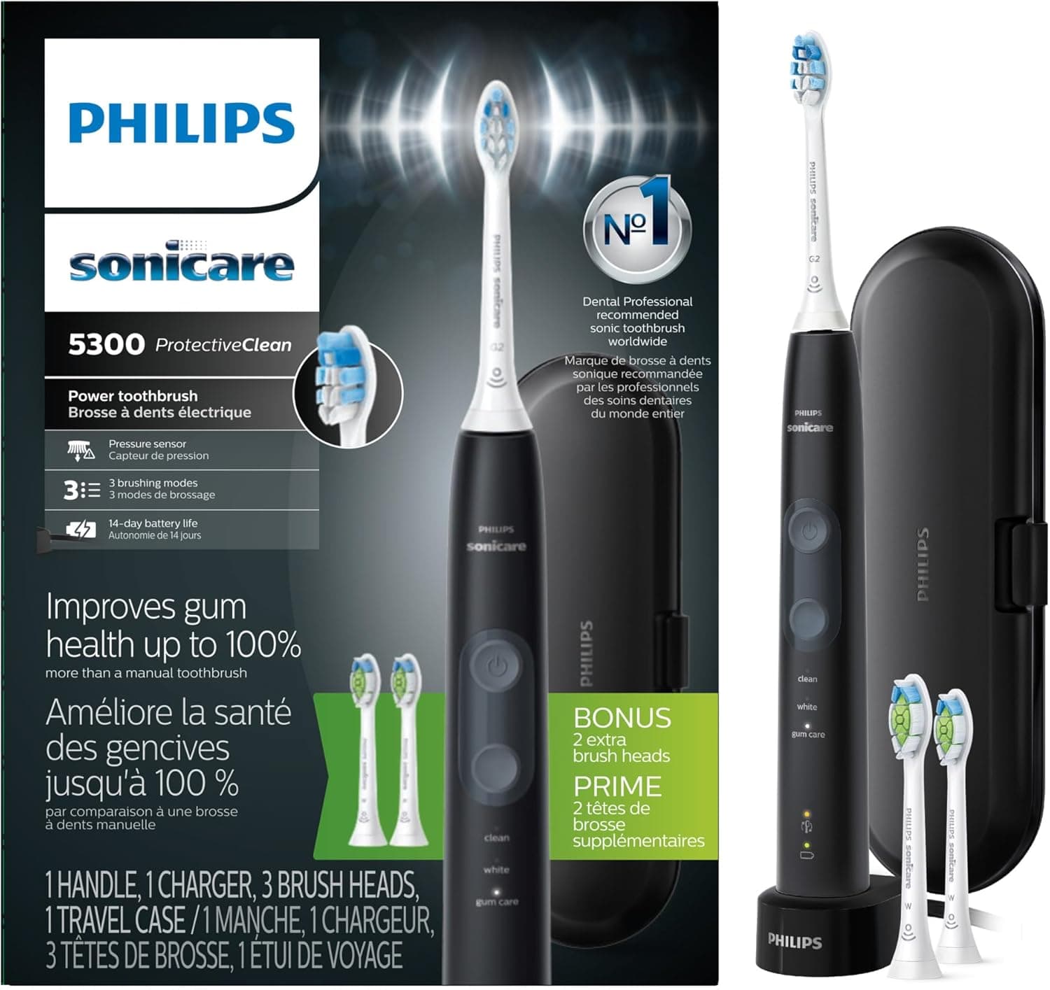 Philips Sonicare ProtectiveClean 5300 Rechargeable Electric Toothbrush, with Pressure Sensor, 3 Cleaning Modes, SmarTimer and QuadPacer, with 2 Bonus Brush Heads, Travel Case, Black, Model HX6423/34 : Health &amp; Household — Spring Gift Ideas gift idea