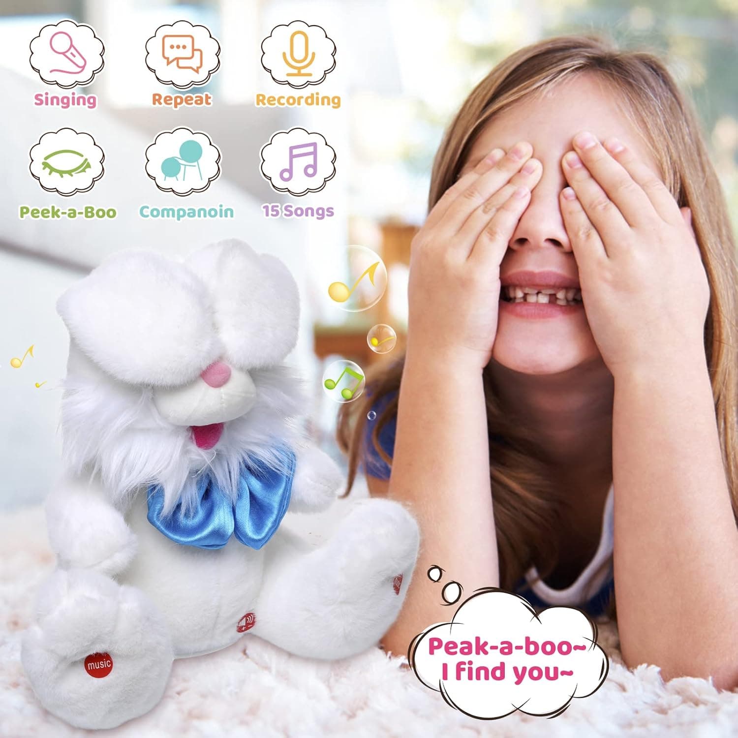 Emoin Easter Bunny Stuffed Animals Bunny Plush Baby Toys Bunny Peek-A-Boo Toys Repeats What You Say Singing with Floppy Ears Birthday Gift for Toddler 7 8 9 10 11 Months 1-2 Year Old（White） : Toys &amp; Games thumbnail 2