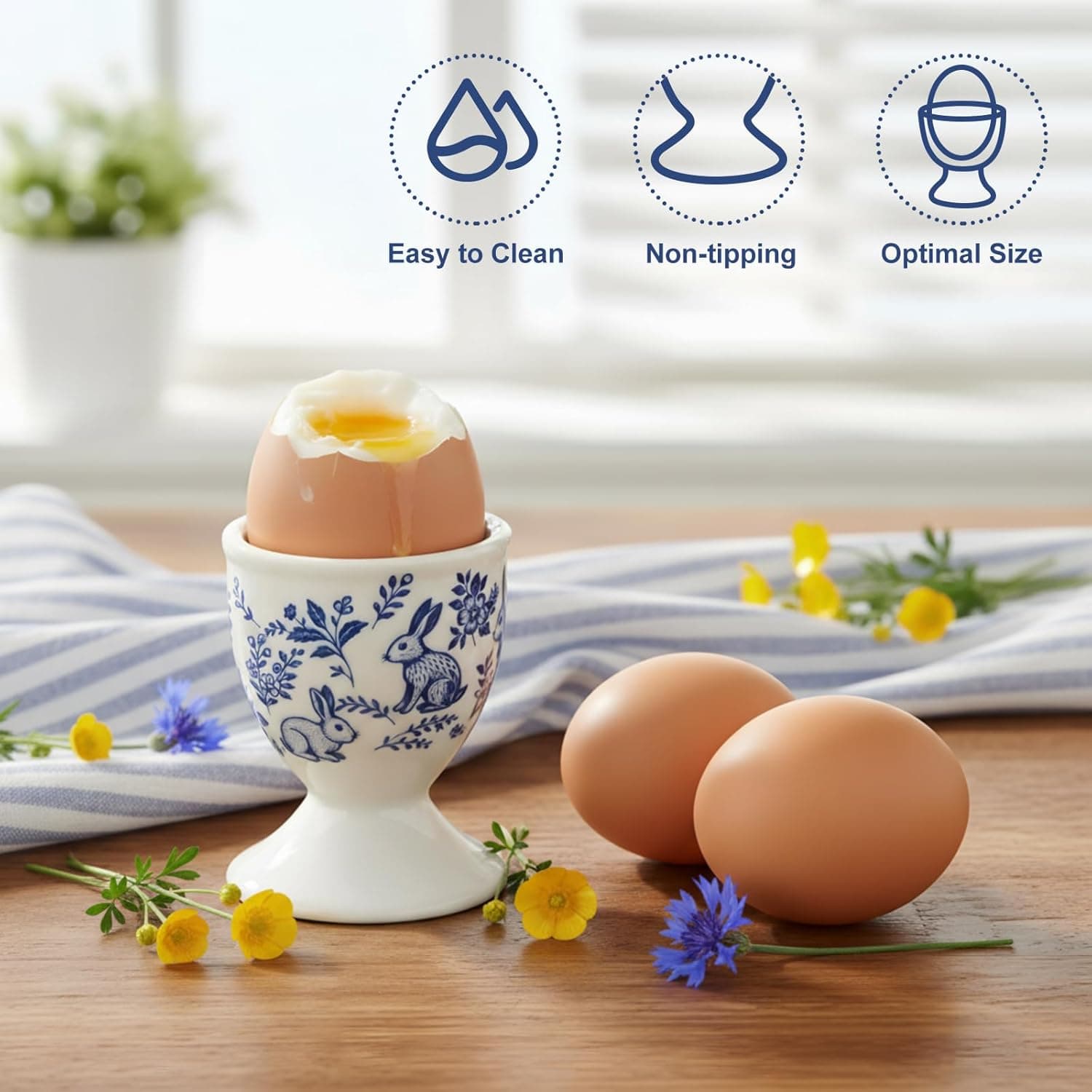 Easter Ceramic Egg Cups - Blue and White Bunny Holders (Set of 4) thumbnail 5