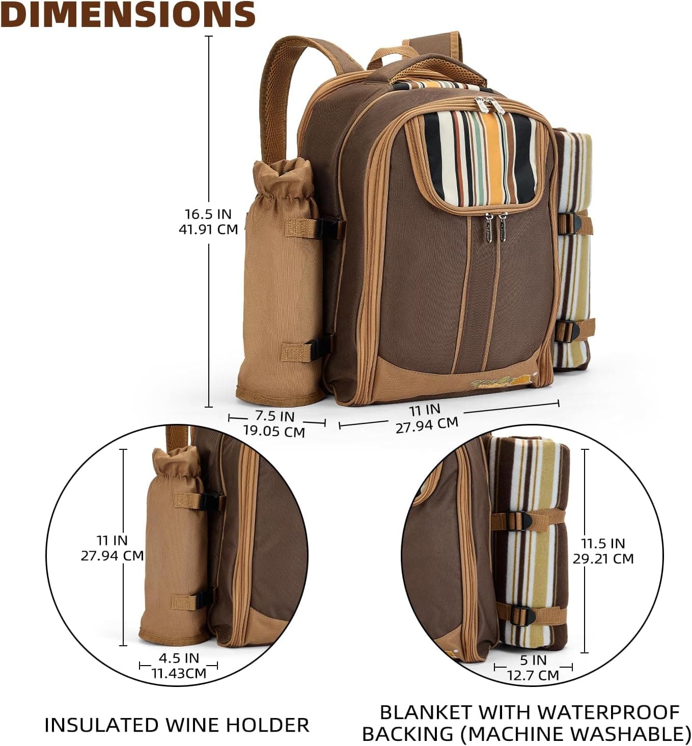 Apollo Walker Picnic Backpack Bag for 4 Person with Cooler Compartment,Wine Bag, Picnic Blanket(45"x53"),Best for Family and Lovers Gifts (Brown) : Patio, Lawn &amp; Garden thumbnail 4