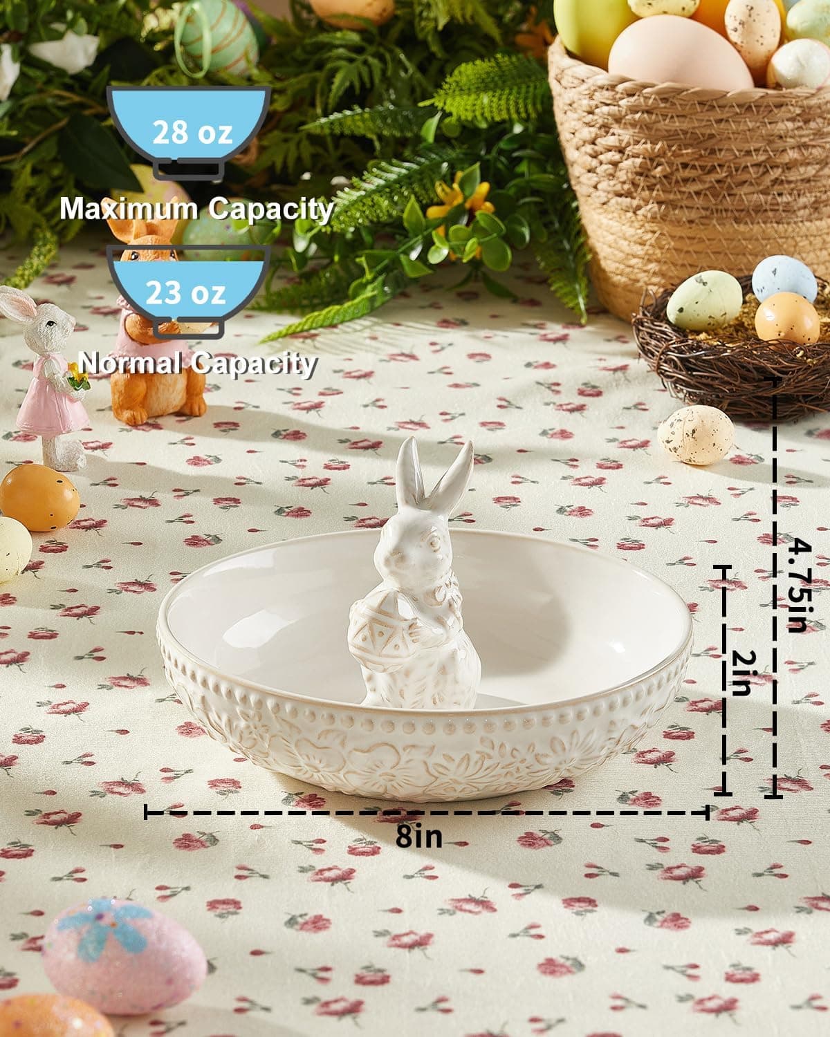 Metahom Easter Candy Dish, Ceramic Bunny Candy Bowl, Floral Decorative Bowl for Easter Home Decor, Office Treats, Party Snacks, 8 Inch, 28 Oz, Cream White: Candy Servers thumbnail 2