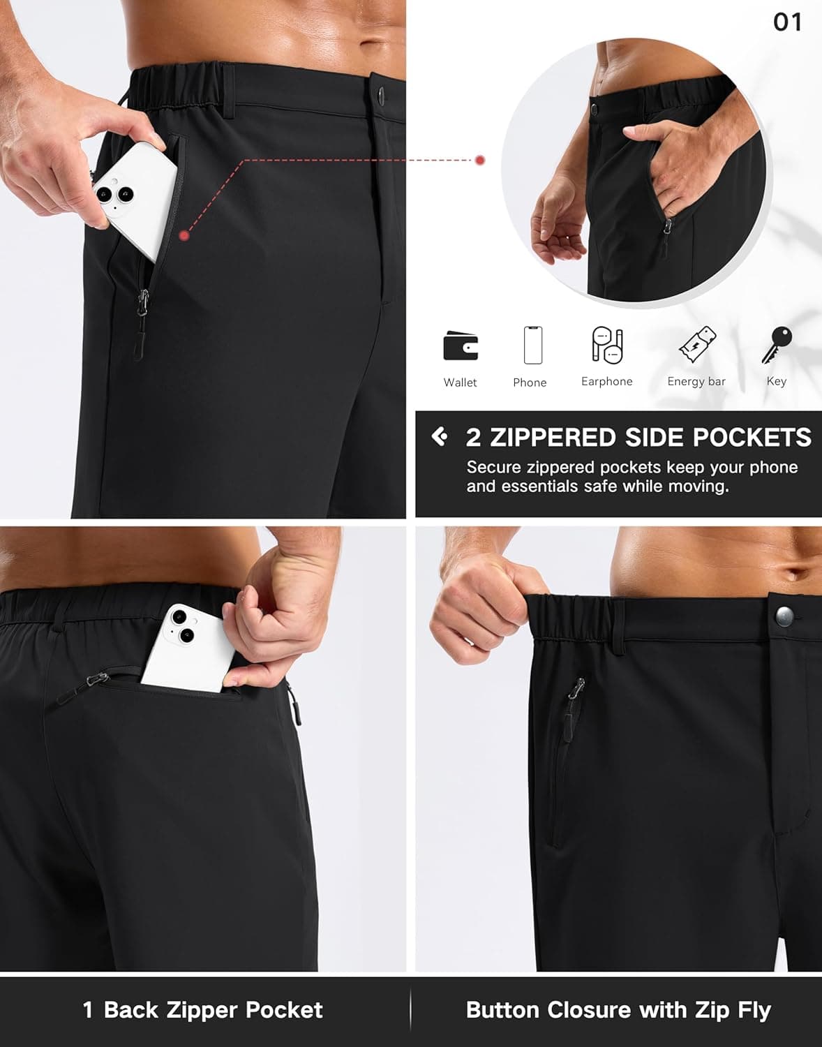 Pudolla Men's Hiking Shorts - Quick Dry with 3 Zipper Pockets thumbnail 5