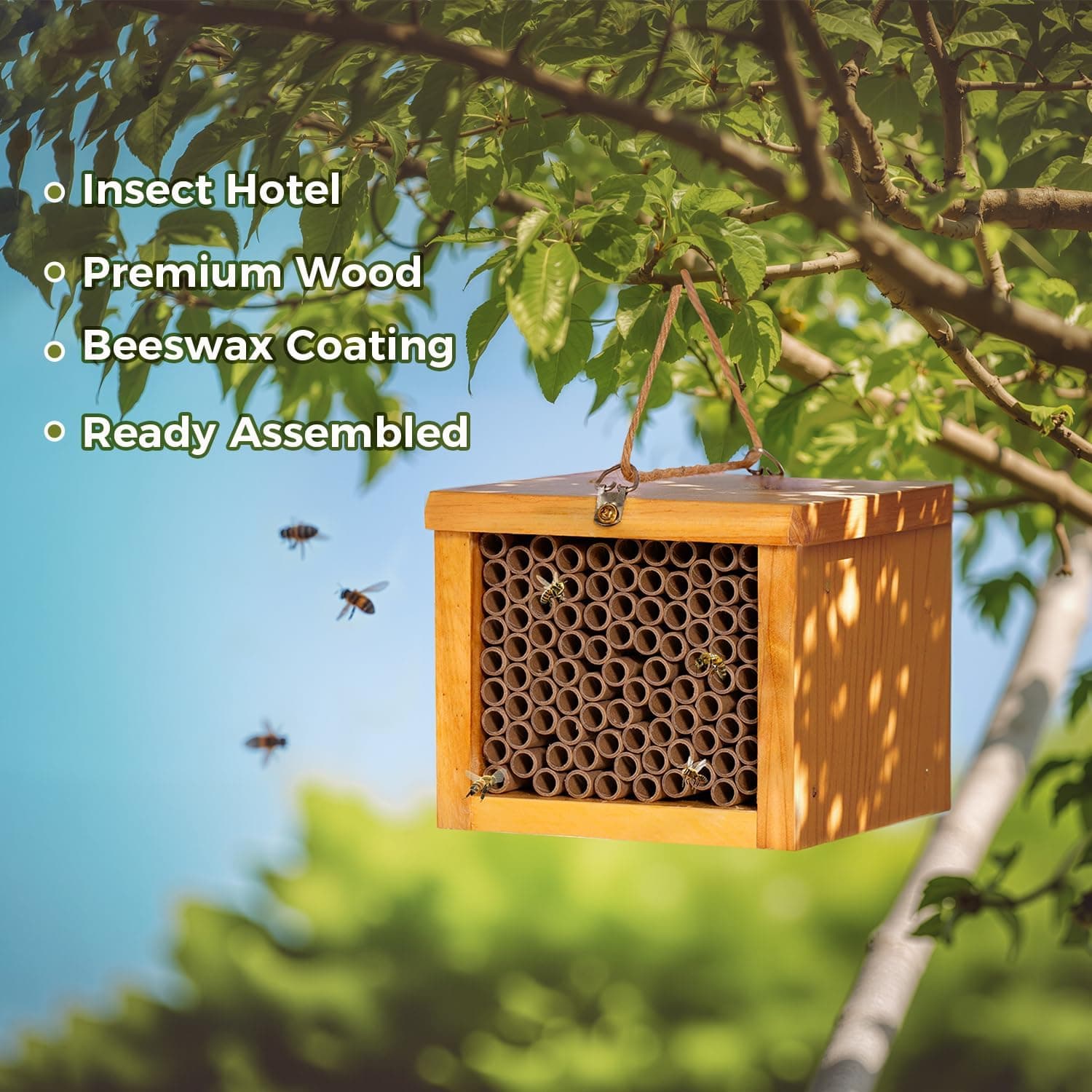 Mason Bee House - Wax Coated Bee Hotel for the Garden, Natural Handmade Wooden Insect Hotel, Mason Bee Home for Outdoors, Attracts Peaceful Bee Pollinators to Your Garden : Patio, Lawn &amp; Garden thumbnail 2