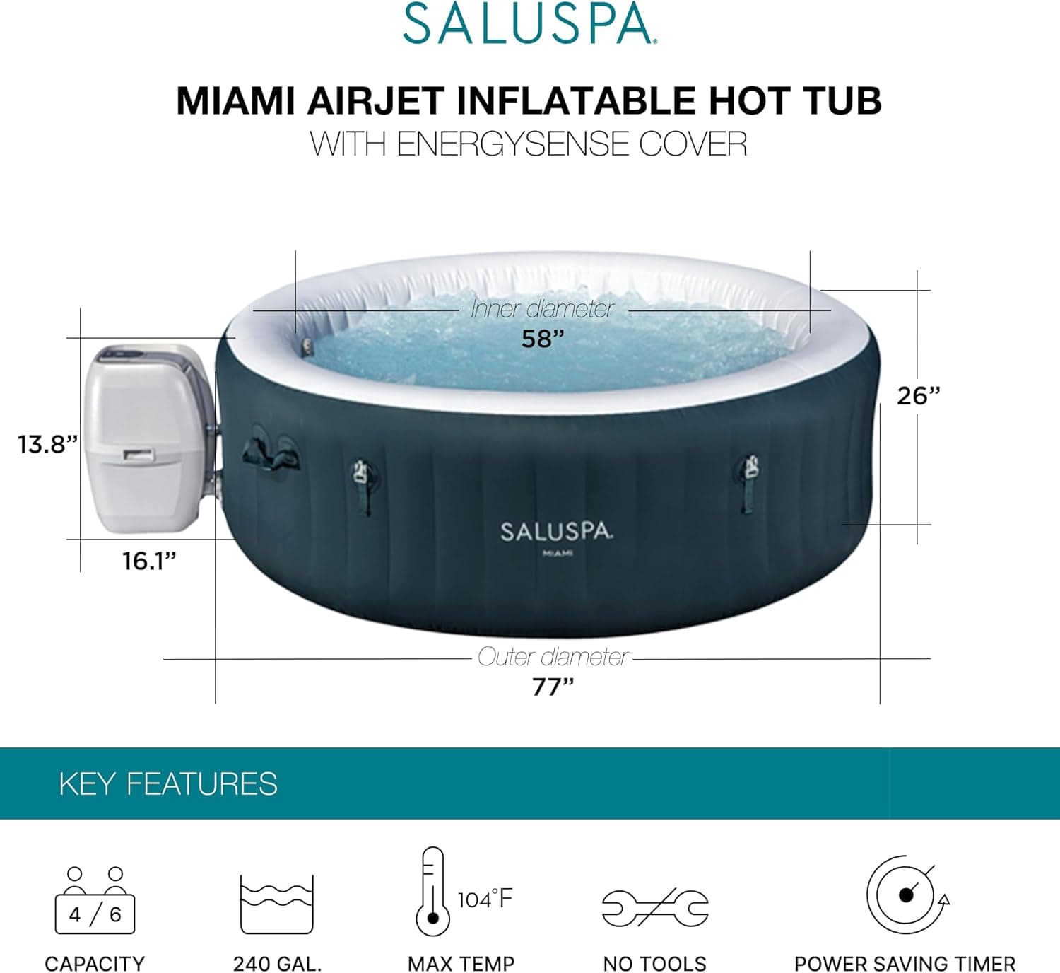 Bestway SaluSpa Miami 4-6 Person Inflatable Hot Tub thumbnail 4