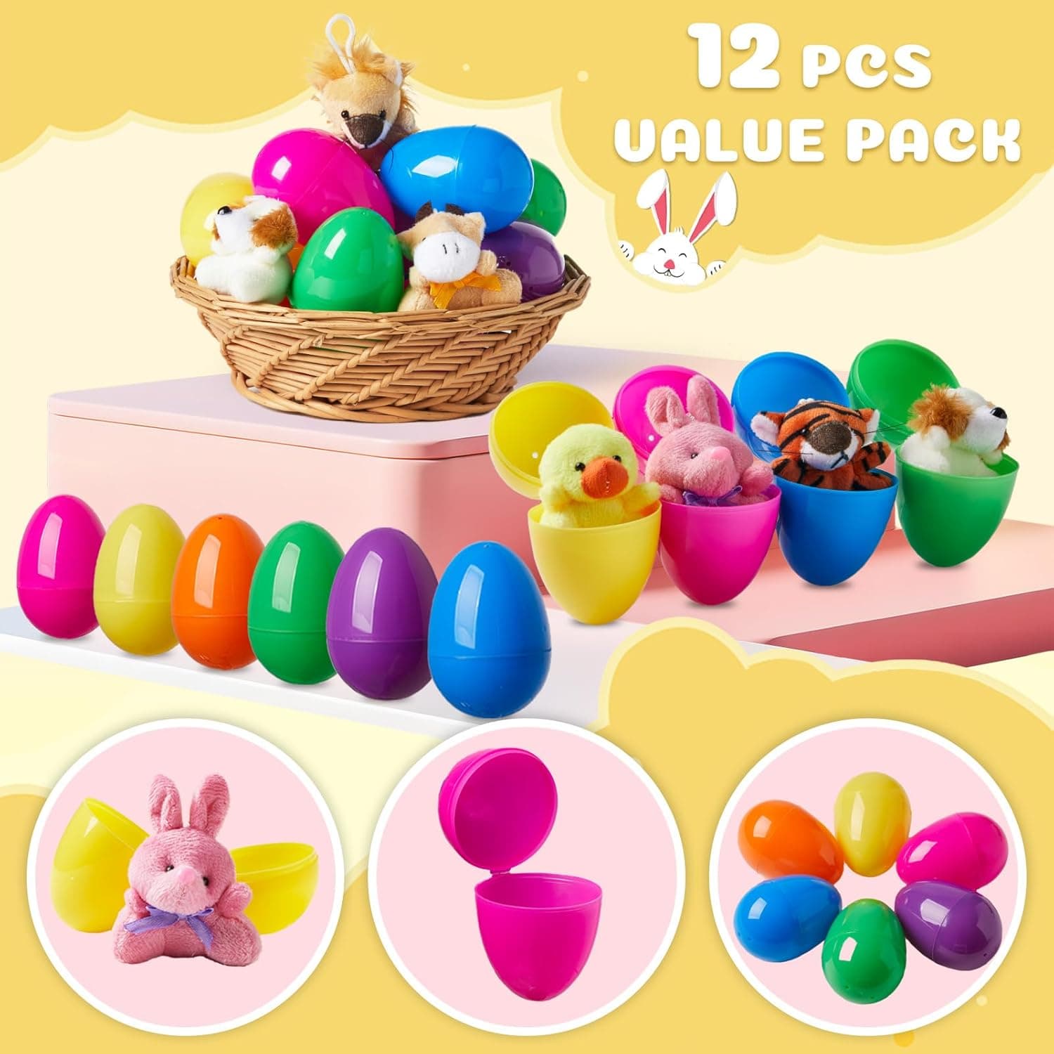 HIKISS 12 Pcs Easter Eggs with Mini Stuffed Animal Plush Toys thumbnail 2