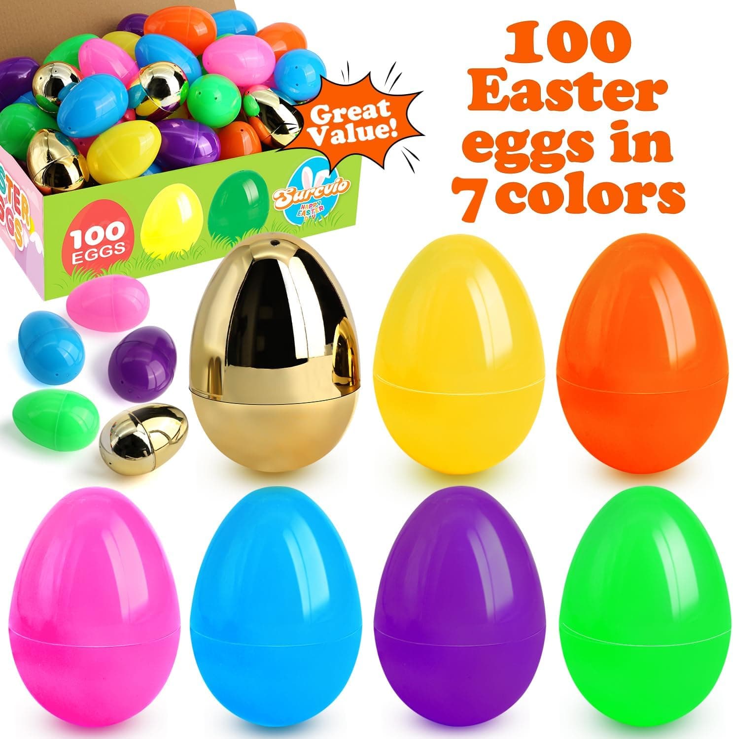 [6 Surprise Golden Eggs] 100 Pack 2.3 Inch Plastic Easter Eggs, Empty Easter Eggs Fillable, Bright Colors Plastic Eggs Bulks for Easter Hunt, Easter Party Favor, Basket Stuffers Fillers : Toys &amp; Games thumbnail 2