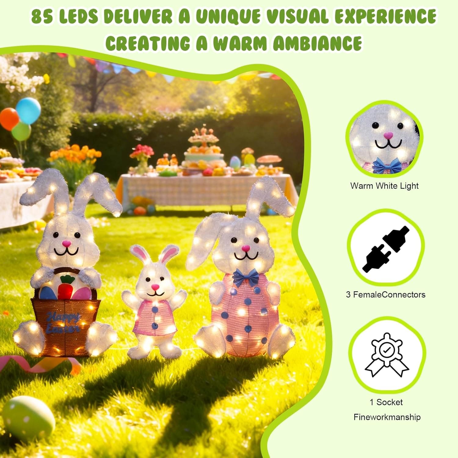 3-Piece Lighted Easter Bunny Outdoor Decorations with 85 LED Warm White Lights thumbnail 4