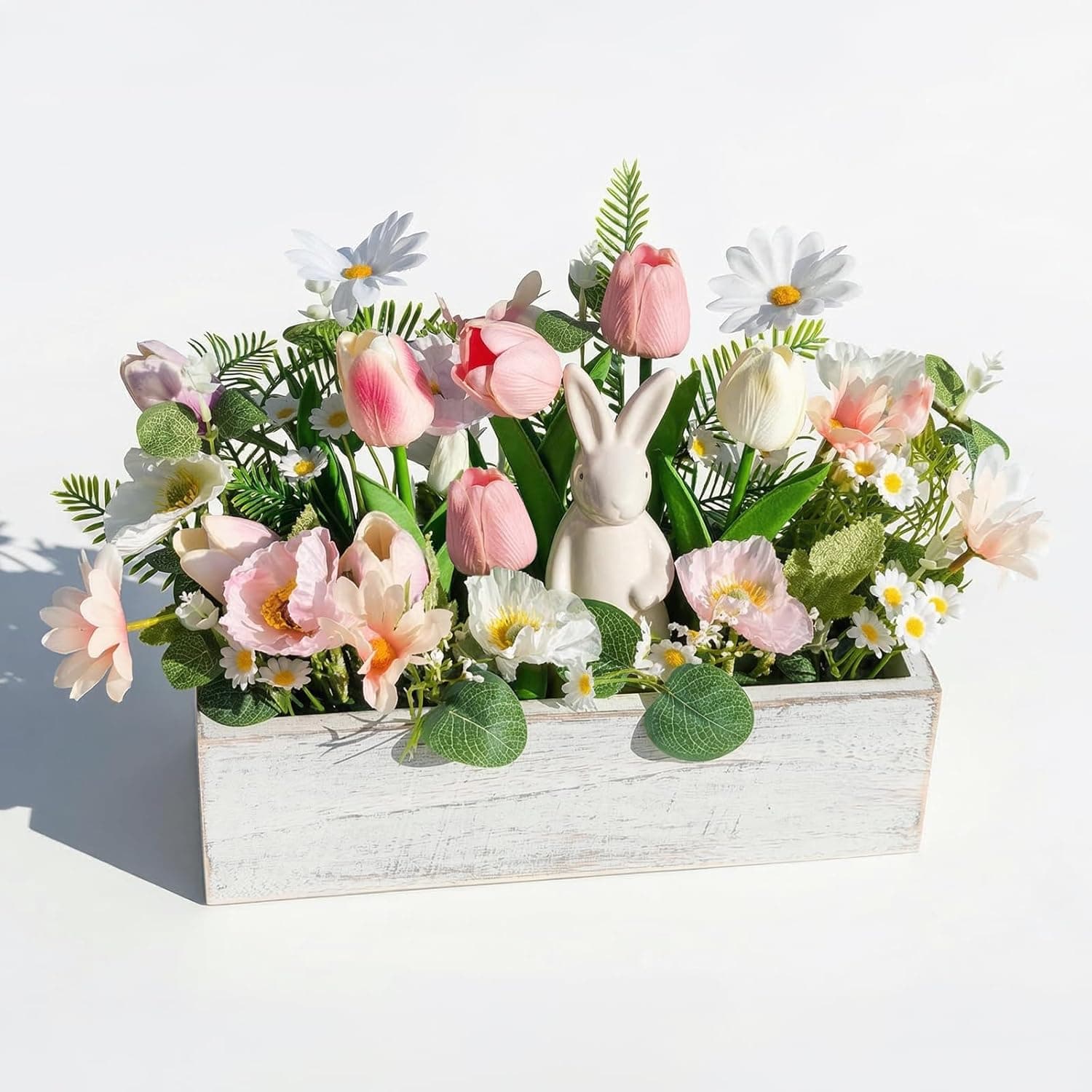Pawliss Artificial Flowers Easter Decoration - White Ceramic Rabbit with Rustic Wooden Vase — Easter Gifts gift idea