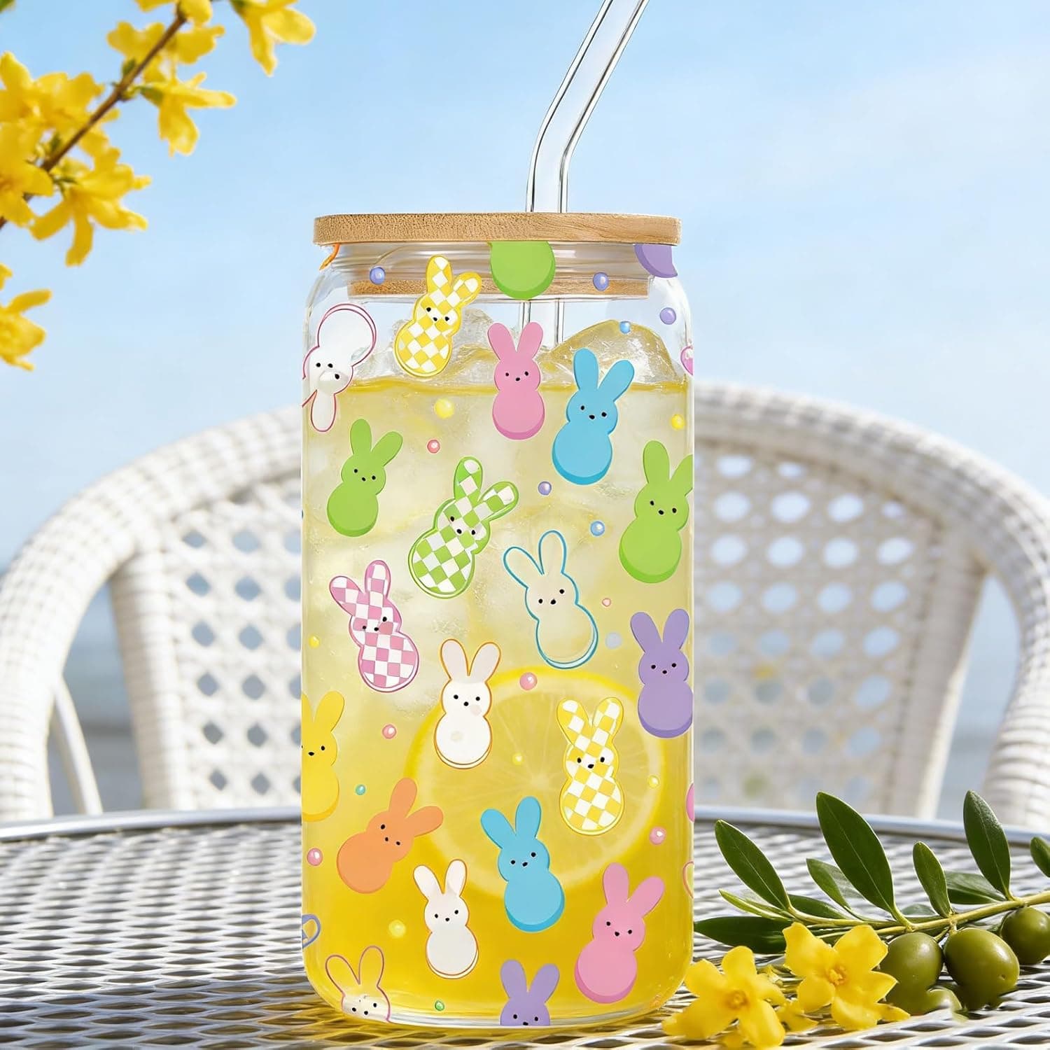 Easter Bunny Glass Cups with Lid and Straw - 16oz Set thumbnail 5