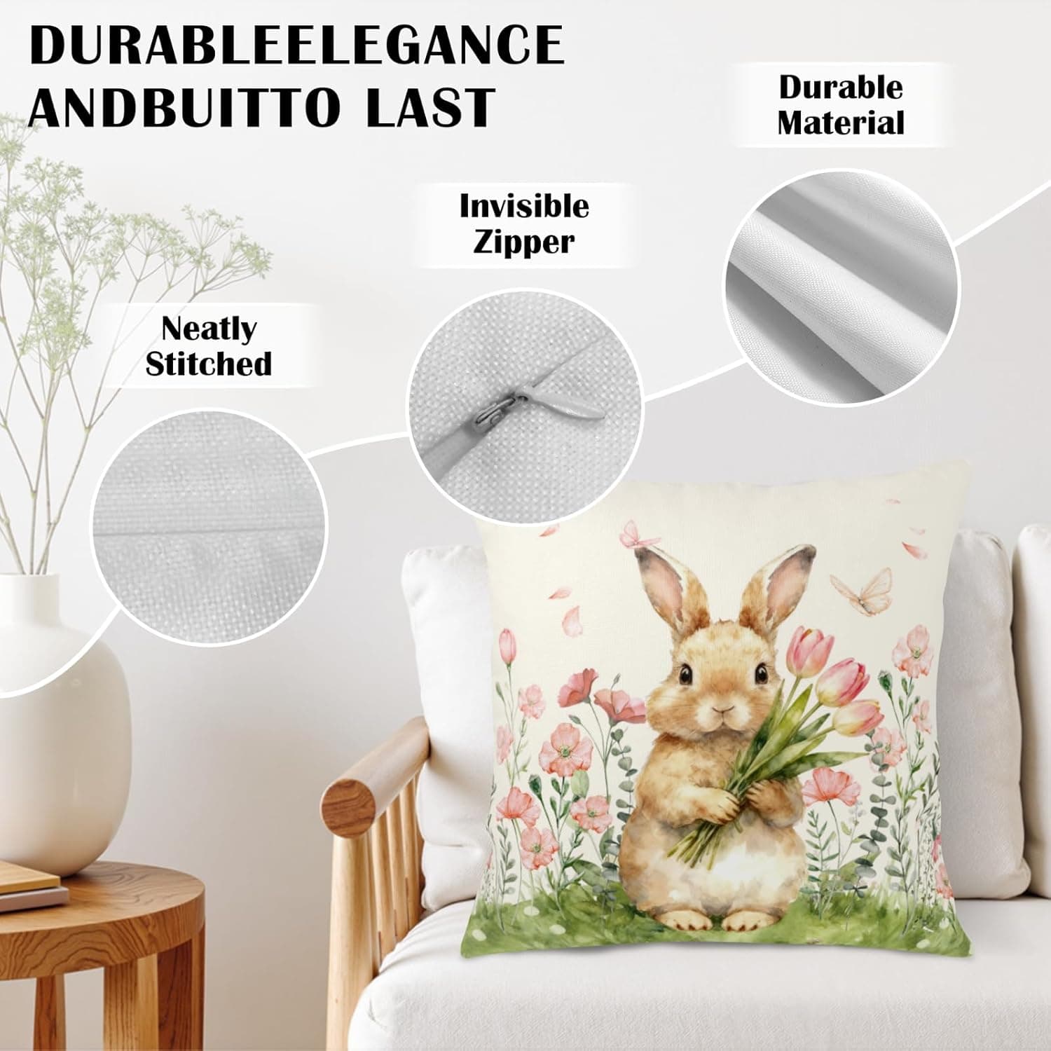 Wnoesat Easter Bunny Outdoor Pillow Covers 18x18 Set of 2 Watercolor Pink Flowers Pillows Cases Farmhouse Rabbit Floral Pillowcase for Sofa Couch Home Decor : Home &amp; Kitchen thumbnail 5