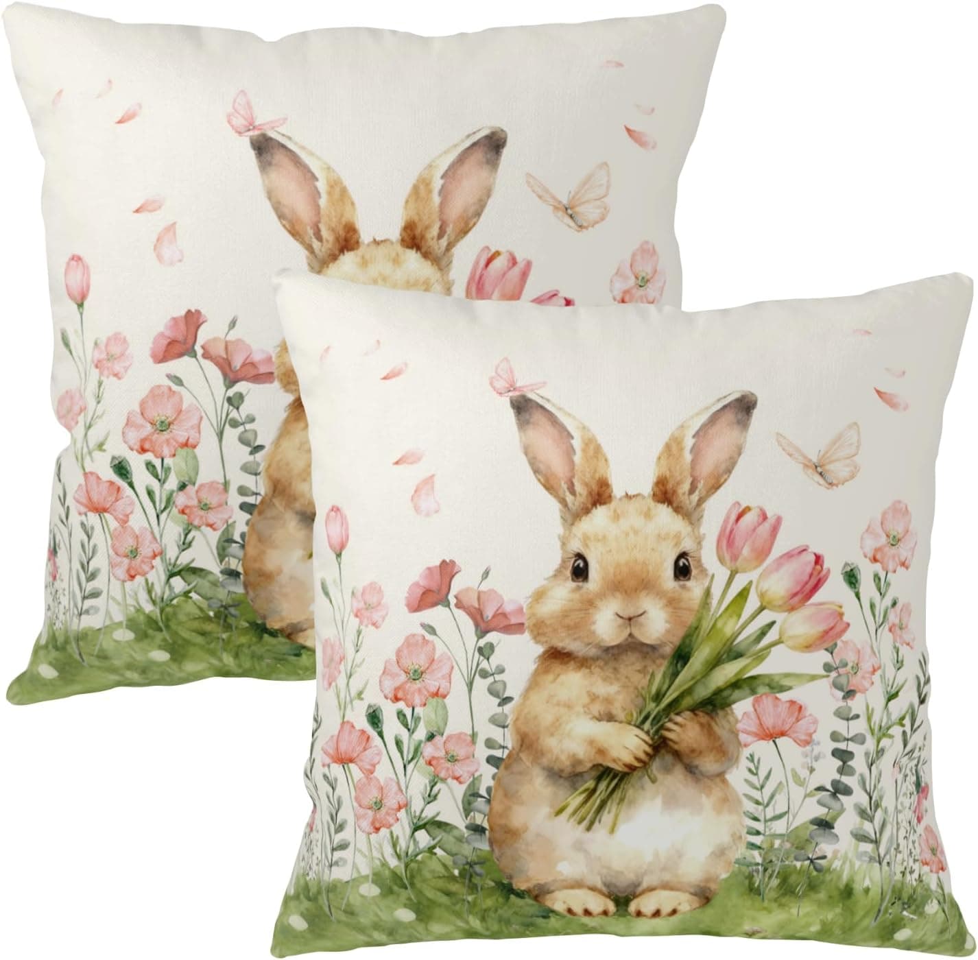 Wnoesat Easter Bunny Outdoor Pillow Covers 18x18 Set of 2 Watercolor Pink Flowers Pillows Cases Farmhouse Rabbit Floral Pillowcase for Sofa Couch Home Decor : Home &amp; Kitchen — Easter Gifts gift idea