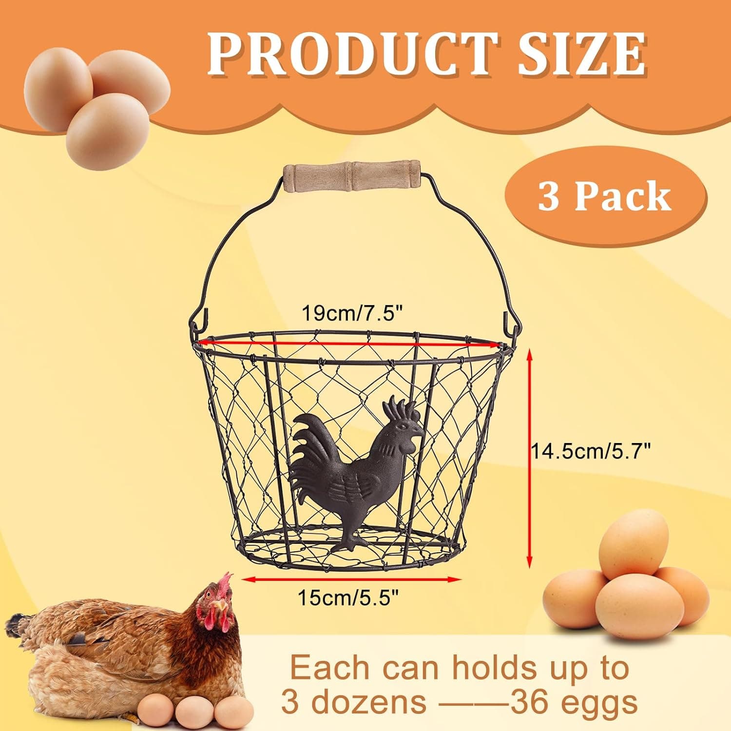 OGANAZI 3-Piece Farmhouse Egg Collecting Baskets with Wood Handle thumbnail 3