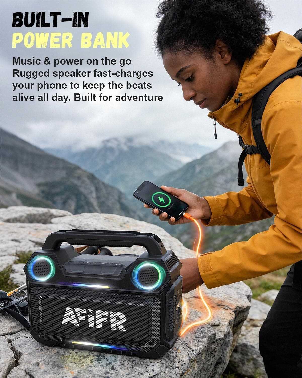 AFIFR Outdoor Bluetooth Speaker, 160W Loud Bass! Rugged, IP67 Waterproof, 24H Playtime with Lights, Wireless TWS Pairing Portable Speakers for Party, Outsides, Travel, Beach, Garage (Black) : Electronics thumbnail 4