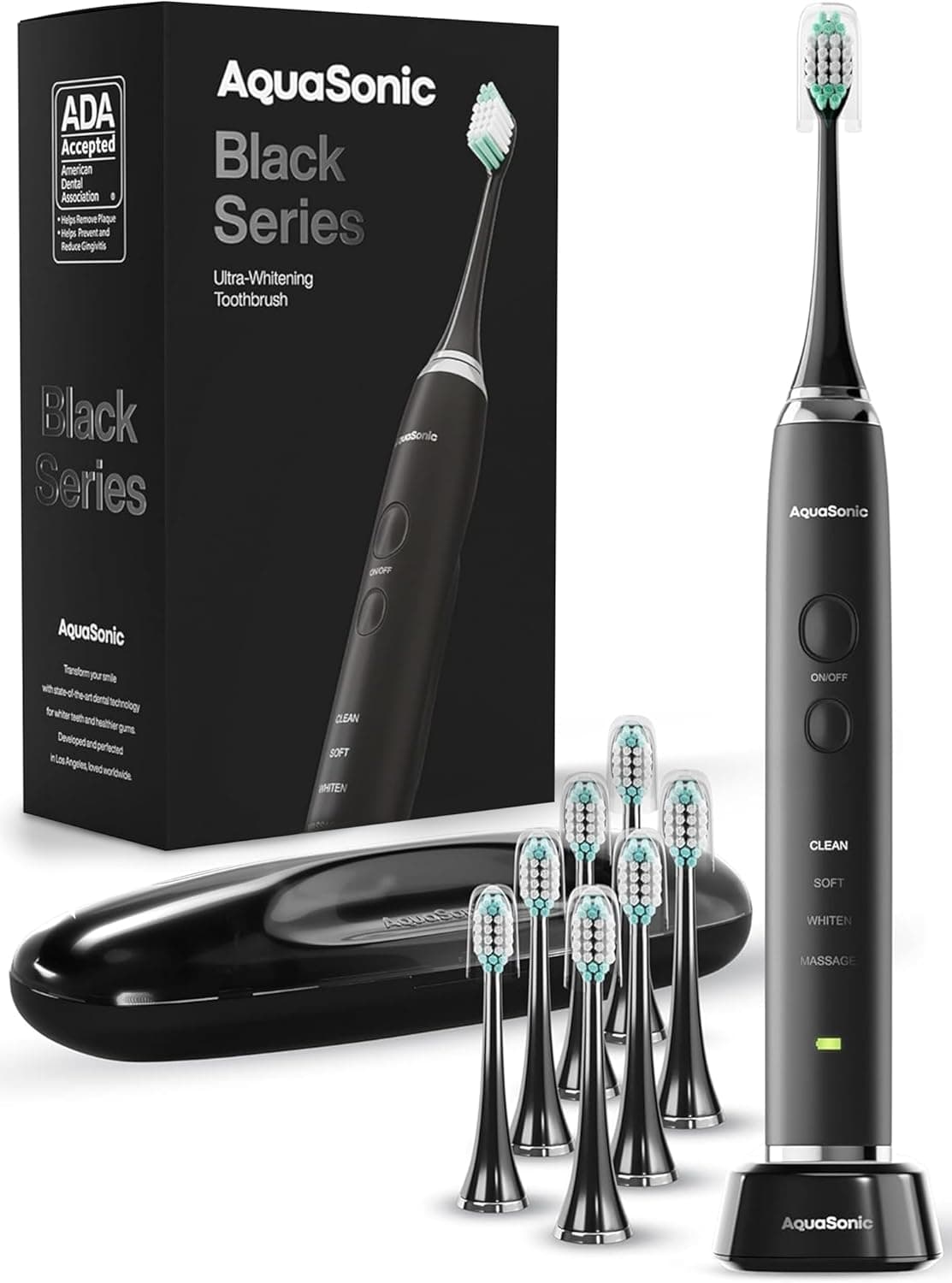Aquasonic Black Series Ultra Whitening Toothbrush – ADA Accepted Electric Toothbrush- 8 Brush Heads &amp; Travel Case – 40,000 VPM Electric Motor &amp; Wireless Charging - 4 Modes w Smart Timer : Health &amp; Household view 1