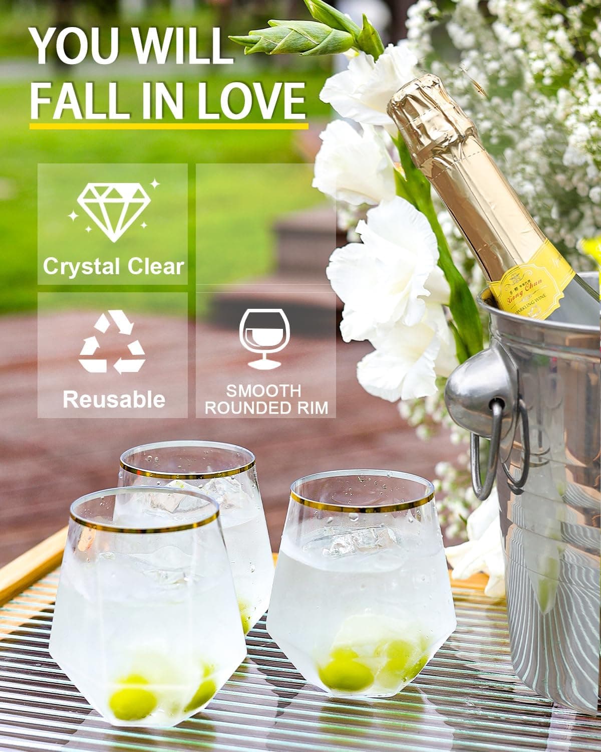 Plastic Stemless Wine Glasses with Gold Rim - 40 Pack, 12 oz thumbnail 2