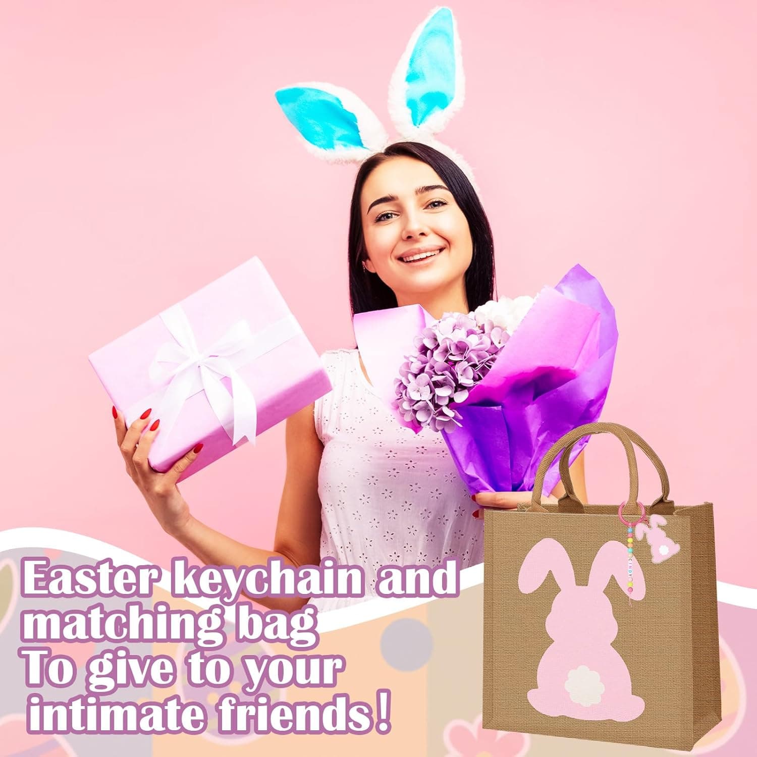 Hillban 4 Sets Personalized Easter Burlap Gift Bags Reusable Large Egg Hunt Bunny Tote with Handles and DIY Name Beads Keychain Making Kit for Women Jute Baskets for Easter Party Favors Gifts Storage : Health &amp; Household thumbnail 4