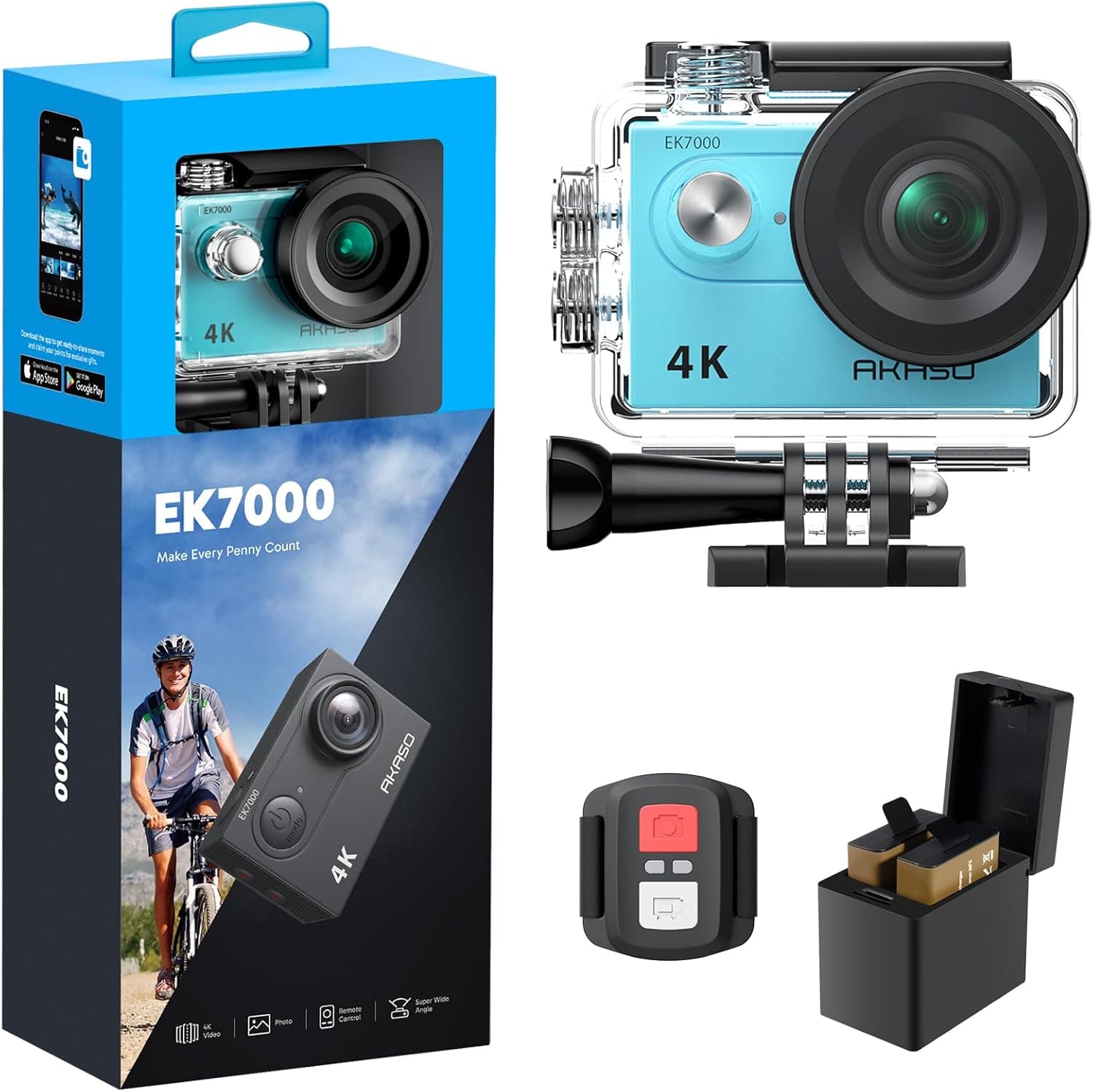 AKASO EK7000 4K30FPS 20MP WiFi Action Camera with EIS Ultra HD 131FT Waterproof Underwater Camera Remote Control 4X Zoom Support External Microphone Blue : Electronics — Spring Gift Ideas gift idea