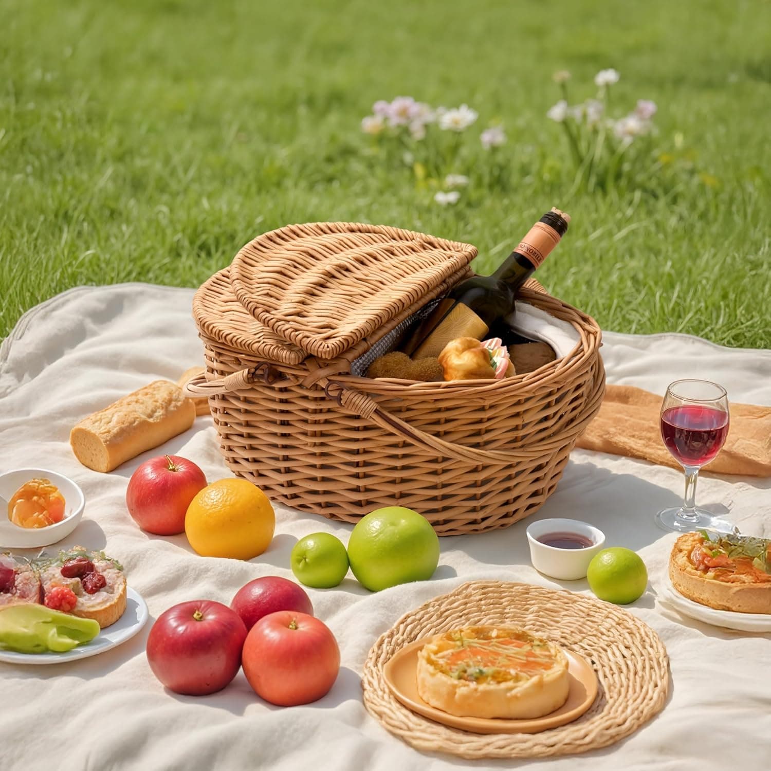 GRANNY SAYS Picnic Basket, Wicker Basket with Insulated Cooler, Woven Cute Basket with Handle, Storage Basket with Washable Lining &amp; Dual-Flid Lid, Natural Willow Picnic Hamper : Patio, Lawn &amp; Garden thumbnail 4