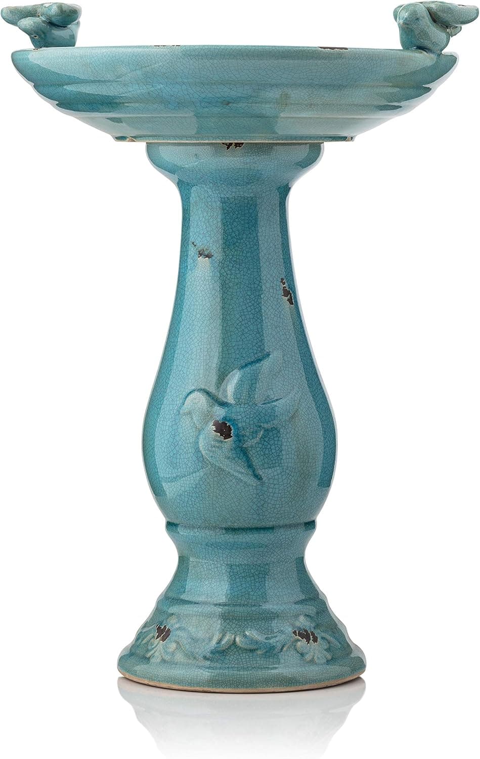Alpine Corporation 25" Tall Outdoor Ceramic Antique Pedestal Birdbath with 2 Bird Figurines, Turquoise thumbnail 4
