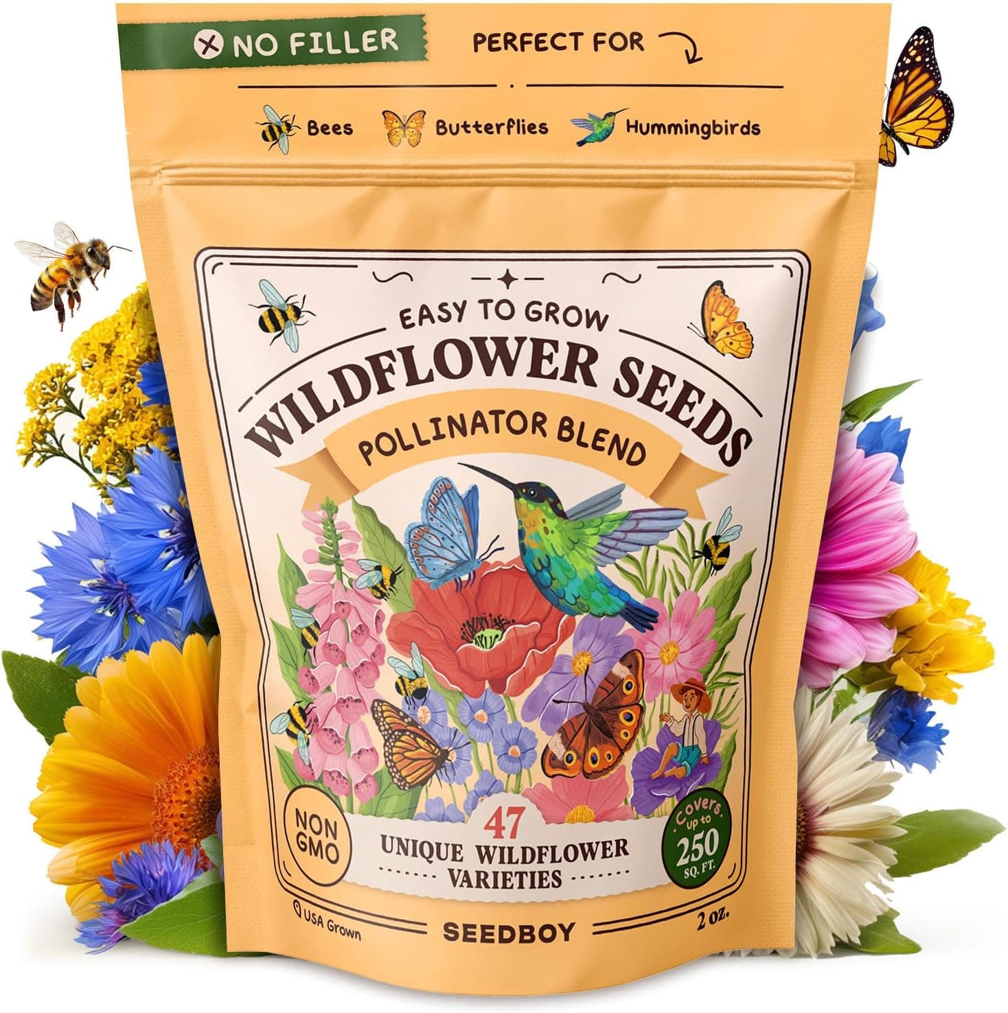 Seedboy Wildflowers for Pollinators Seed Mix – 2 oz Bulk Wildflower Seeds - 40,000+ Non-GMO Seeds for Bees Butterflies Hummingbirds – 47 Varieties of Annual &amp; Perennial Wild Flowers for Planting (2oz) : Patio, Lawn &amp; Garden — gift idea