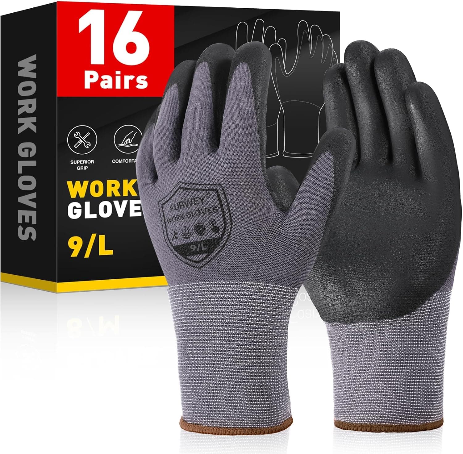 FURWEY Safety Work Gloves - 16 Pairs, Micro-Foam Nitrile Coated, Large view 1