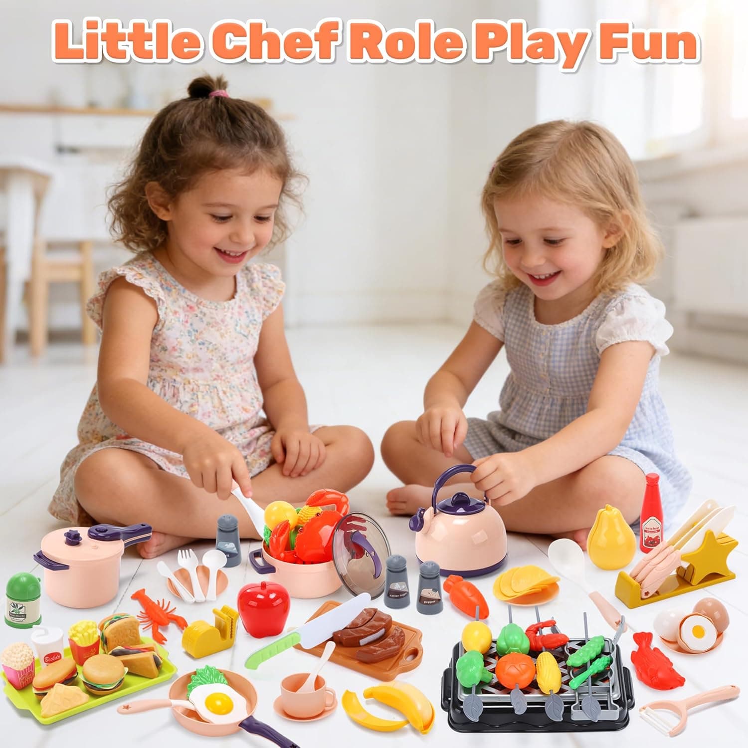 CUTE STONE Play Kitchen Cooking Playset with BBQ Grill and Food Accessories thumbnail 2