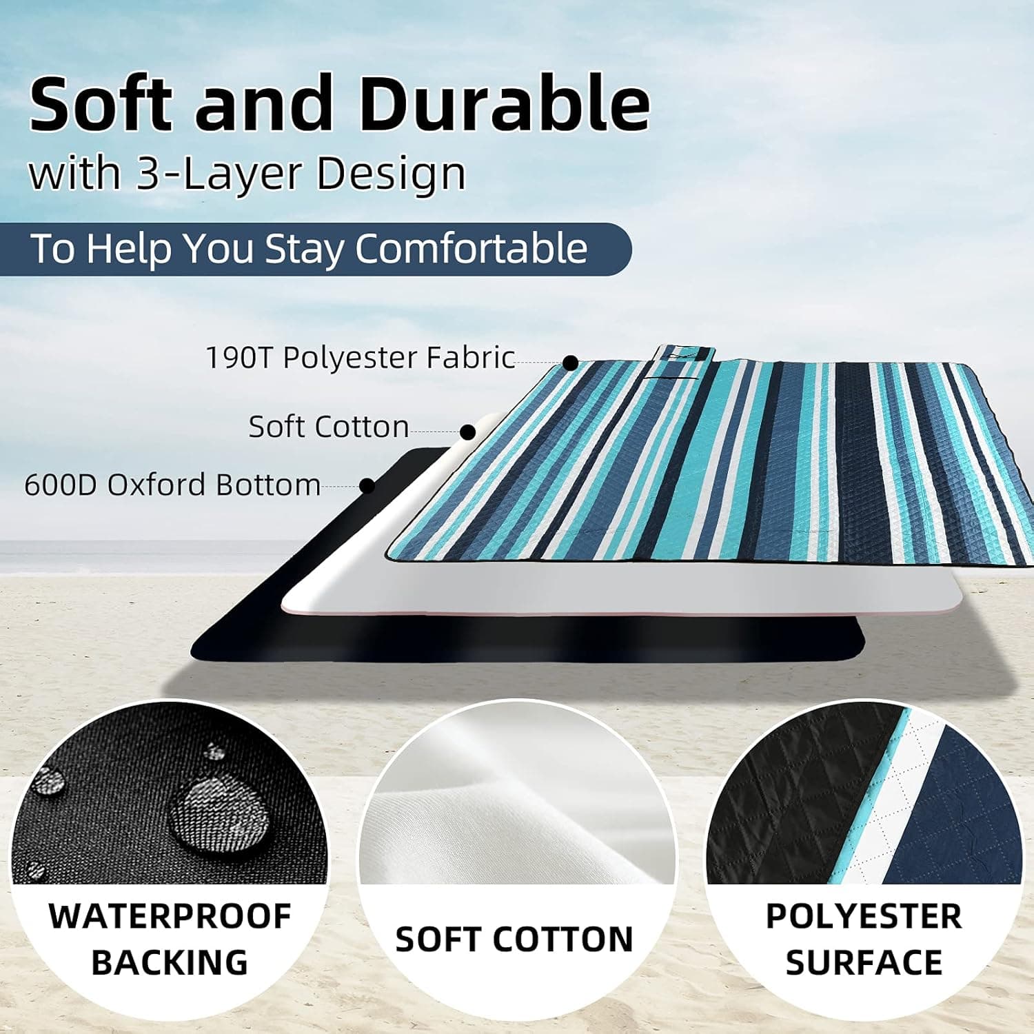 ZAZE Picnic Blanket - 80" Beach Blanket thumbnail 3