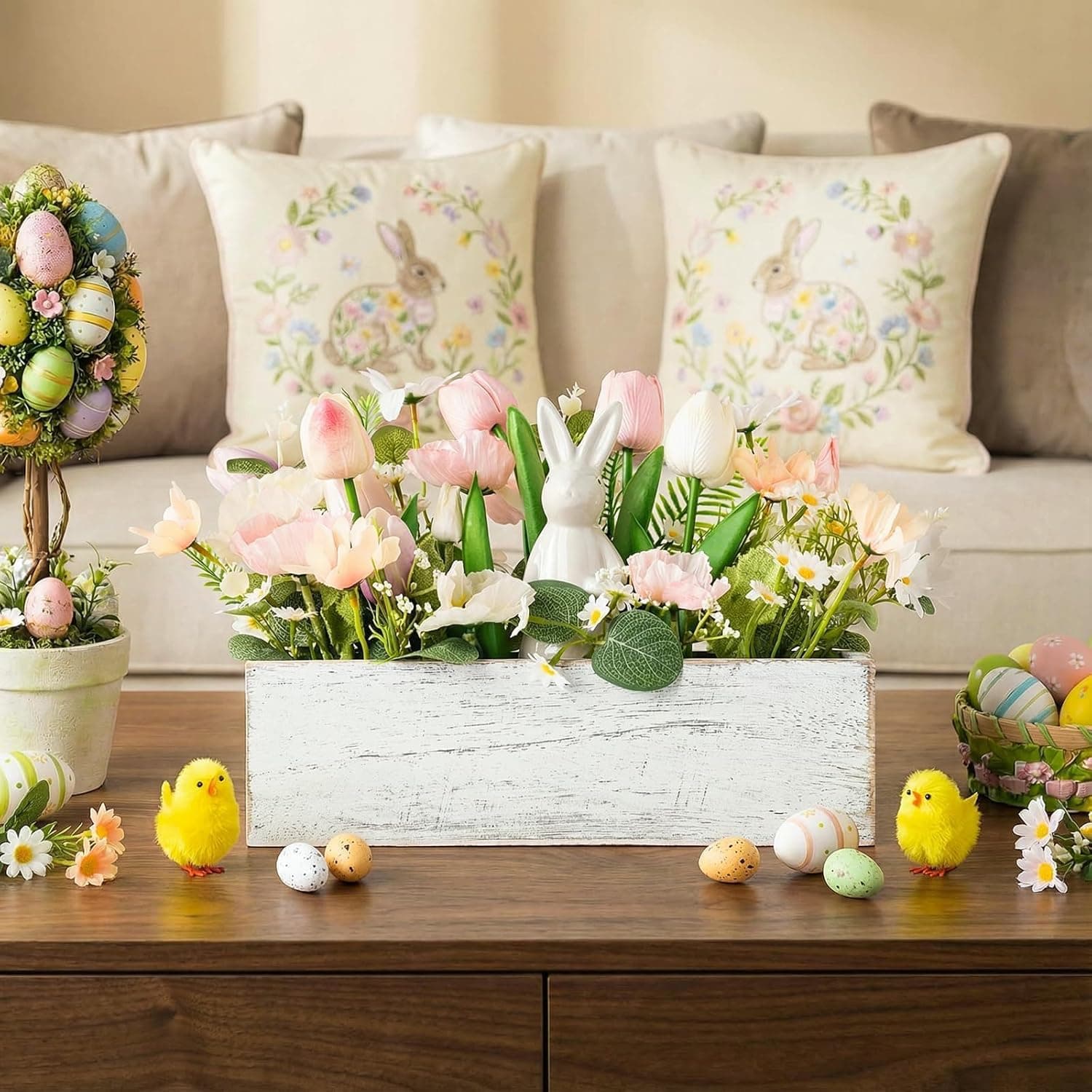 Pawliss Artificial Flowers Easter Decoration - White Ceramic Rabbit with Rustic Wooden Vase thumbnail 4