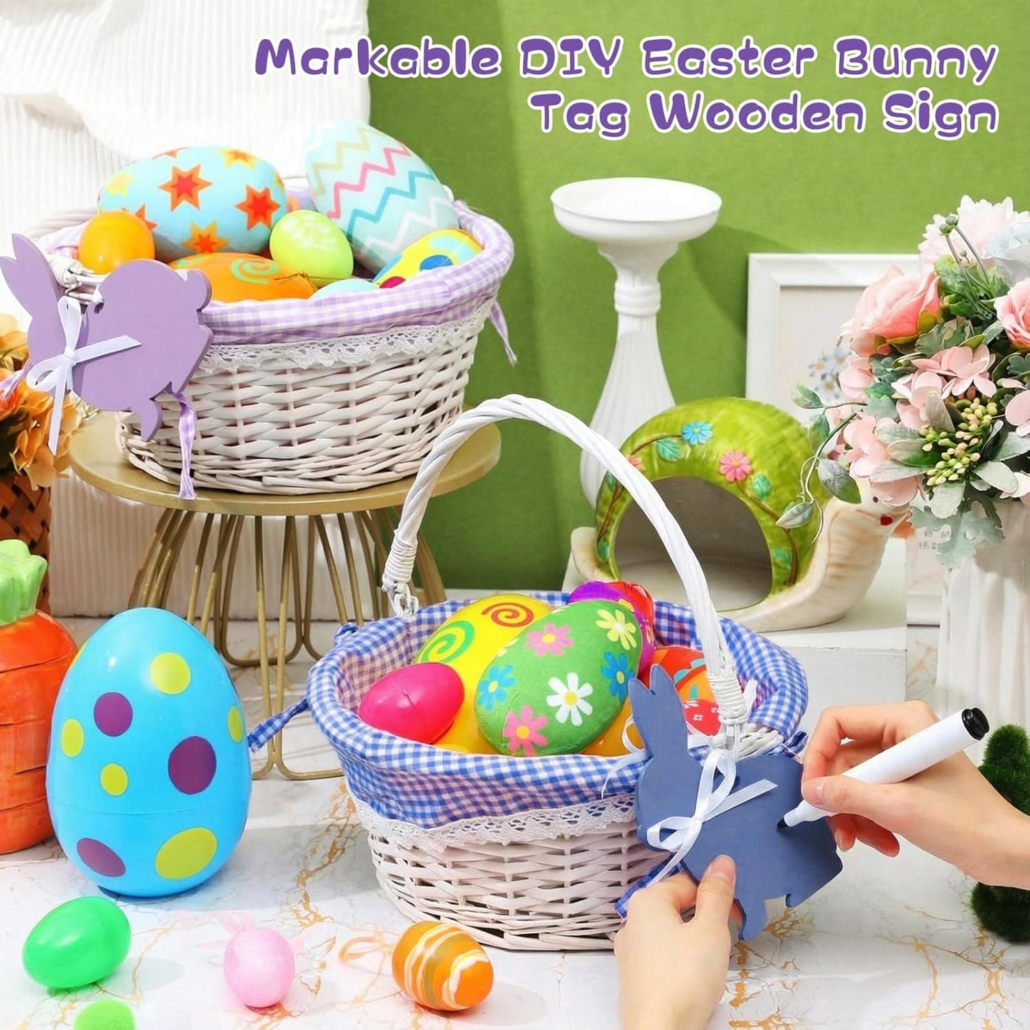 Weewooday 2 Pcs Wicker Easter Basket Tote Bags with 2 Name Tags Wooden Bunny, Easter Basket with Handle with Removable Liner for Party Supplies(Blue, Purple) : Baby thumbnail 4