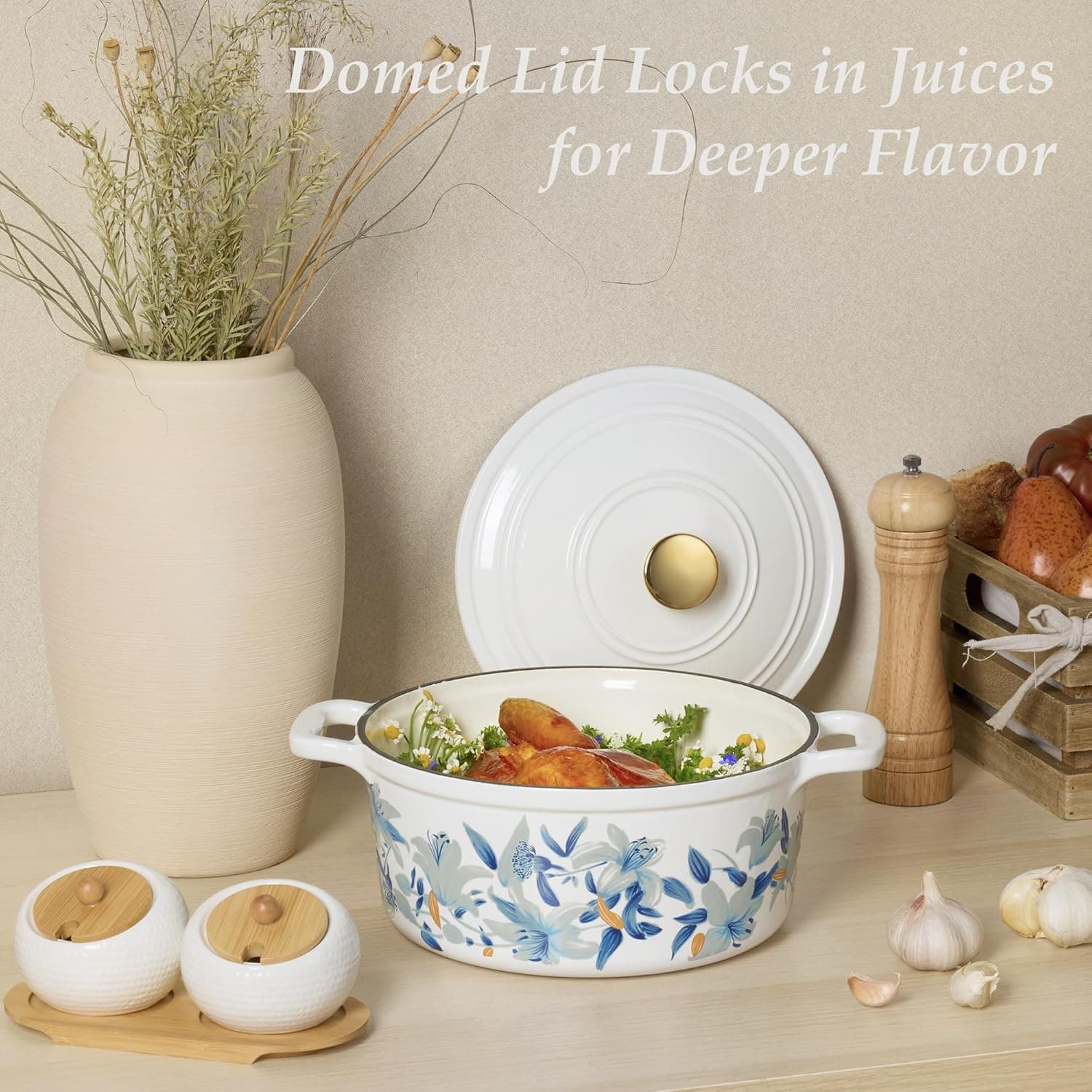 CAROTE 5 QT Enameled Cast Iron Dutch Oven with Lid - White & Blue thumbnail 5