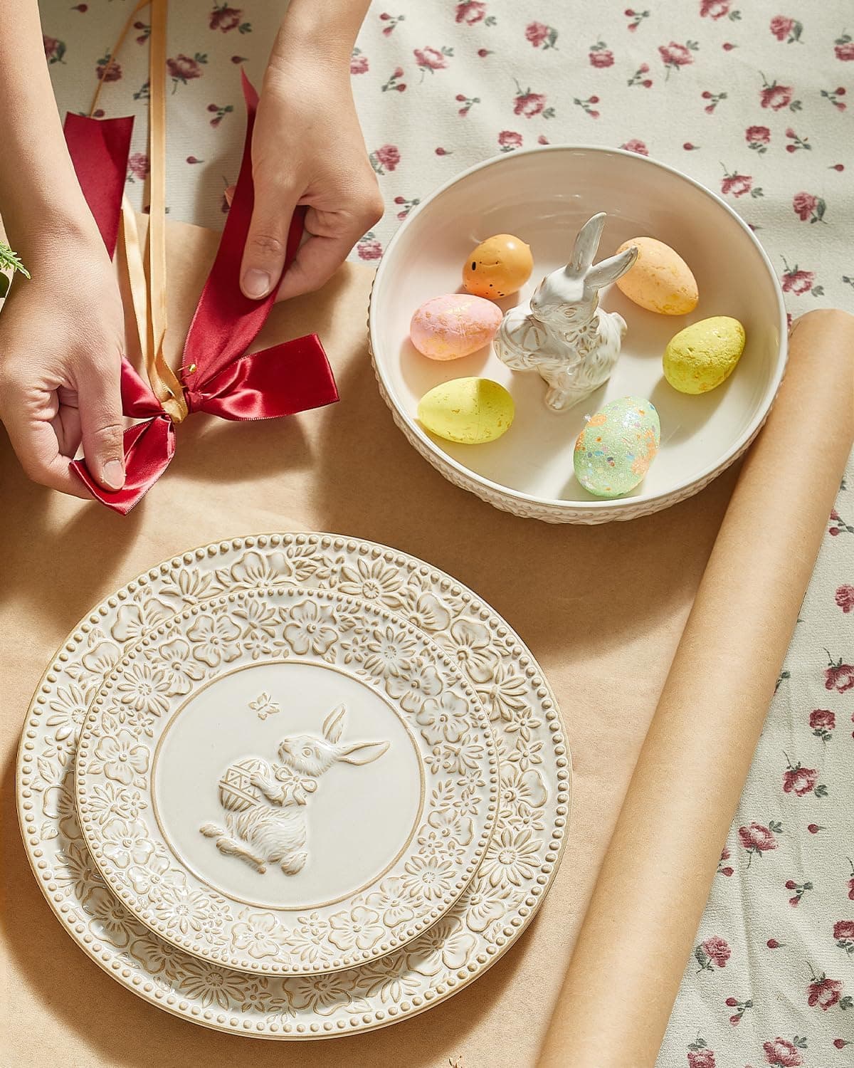 Metahom Easter Candy Dish, Ceramic Bunny Candy Bowl, Floral Decorative Bowl for Easter Home Decor, Office Treats, Party Snacks, 8 Inch, 28 Oz, Cream White: Candy Servers thumbnail 5