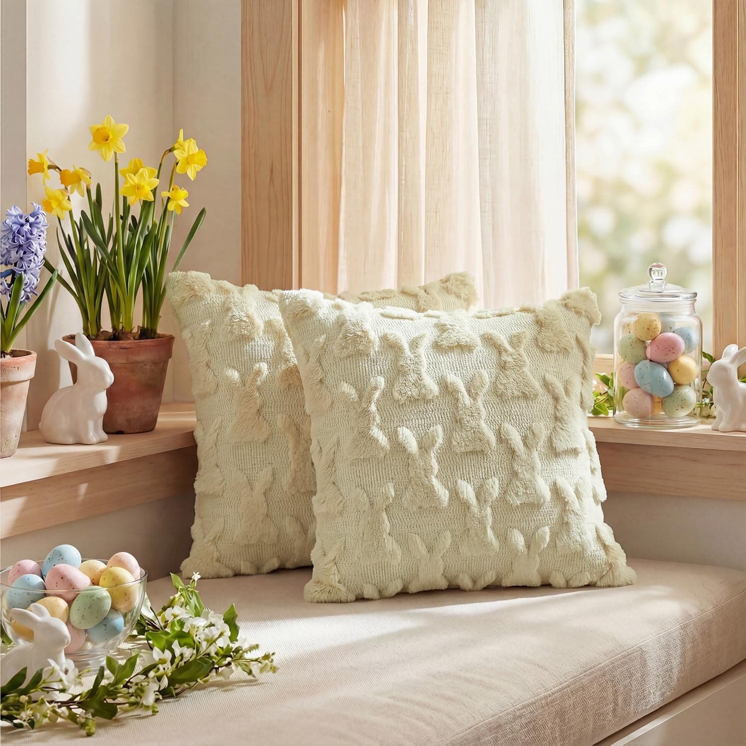 AVOIN colorlife Easter Rabbits Beige Throw Pillow Covers, 18 x 18 Inch Bunny Soft Plush Faux Fur Jacquard Cushion Case Decoration for Sofa Couch Set of 2 : Home &amp; Kitchen thumbnail 5