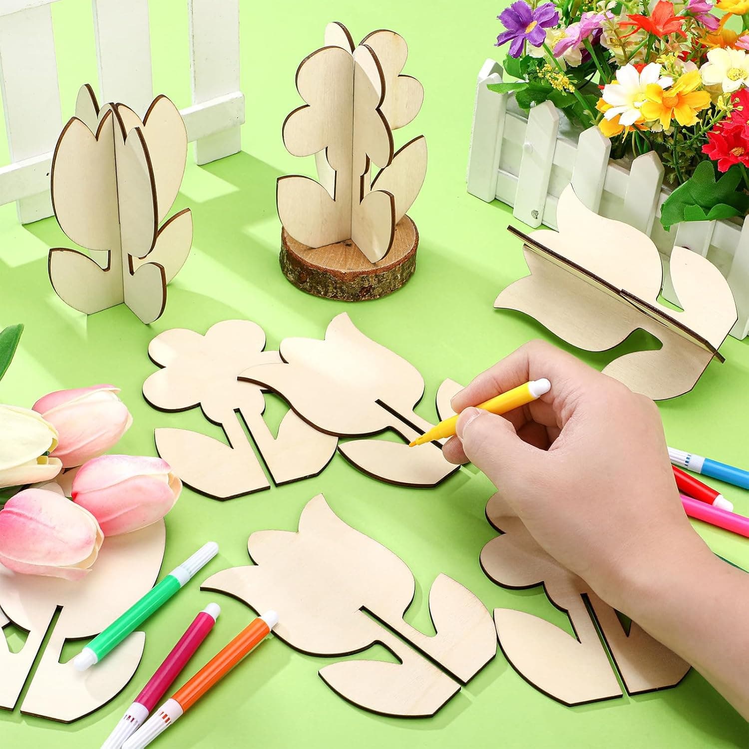 48-Piece Spring Crafts Set with 3D Wooden Flowers and Colored Pens thumbnail 3