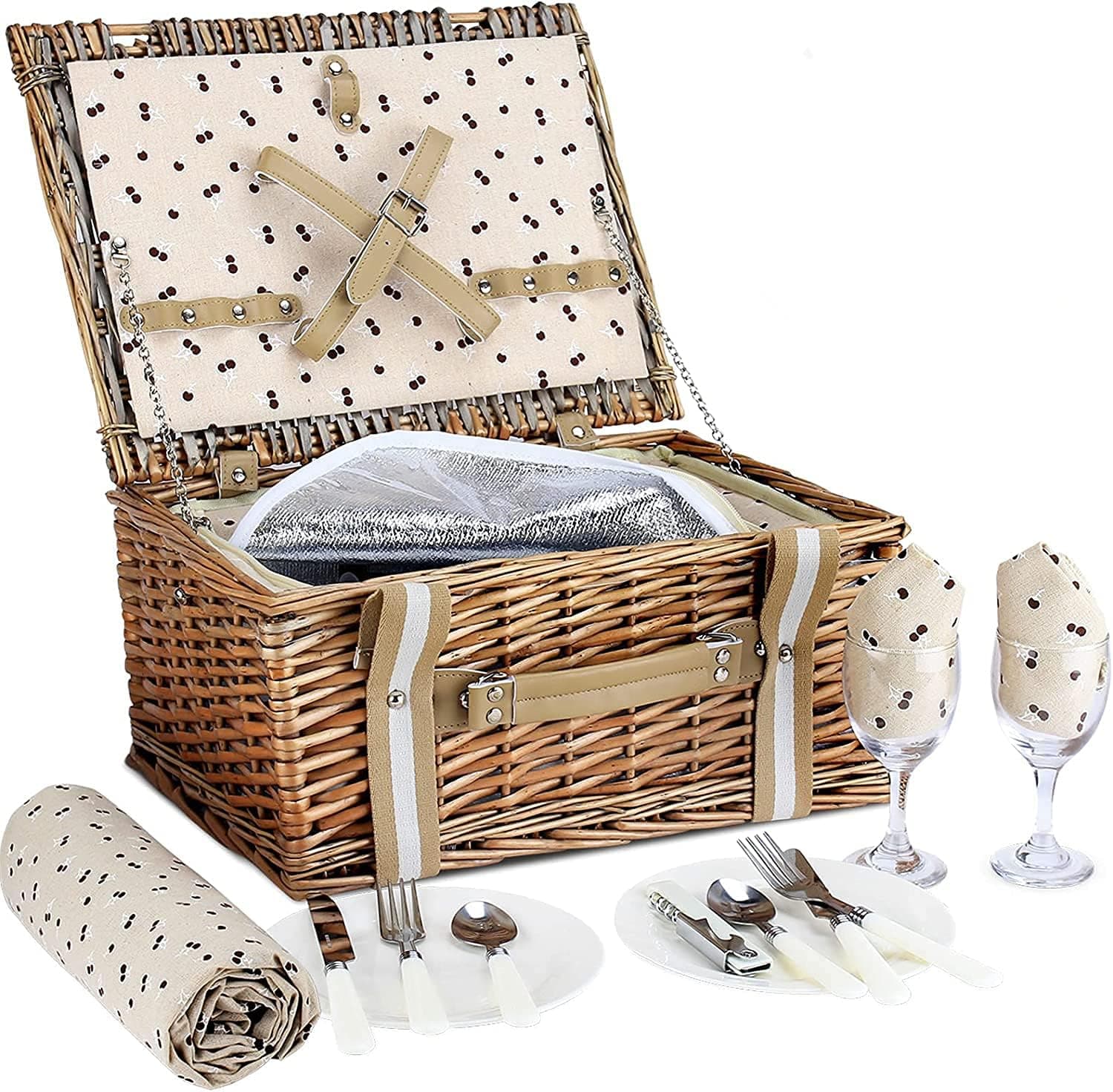 Willow Picnic Basket Set for 2 with Insulated Cooler Bag and Waterproof Blanket thumbnail 4