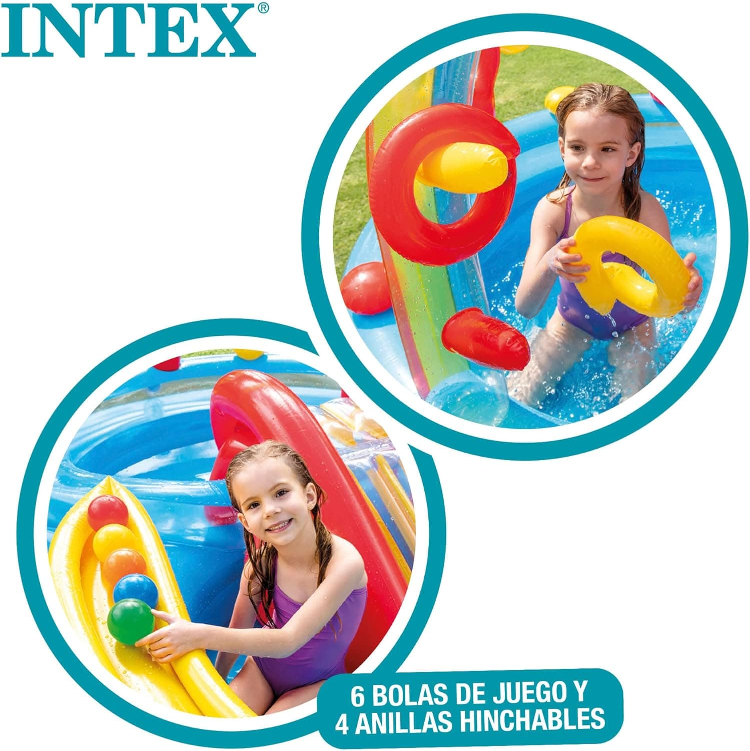 Intex Rainbow Slide Kids Inflatable Pool with Water Slide and Ring Toss thumbnail 4
