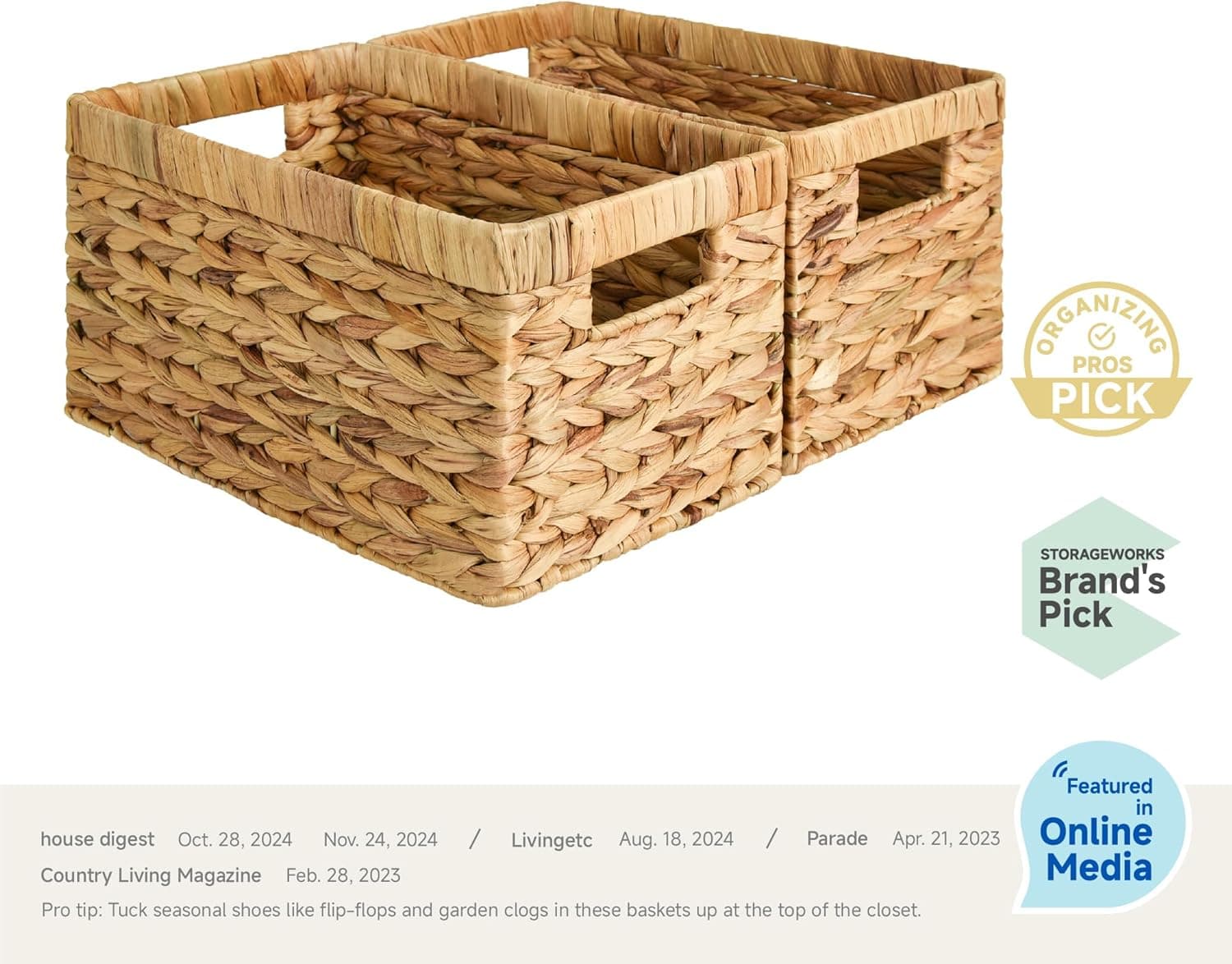 StorageWorks Wicker Basket, Baskets for Organizing, Storage Basket with Built-in Handles, Water Hyacinth Shelves (Medium 2-Pack, Natural Hyacinth) : Home &amp; Kitchen thumbnail 2