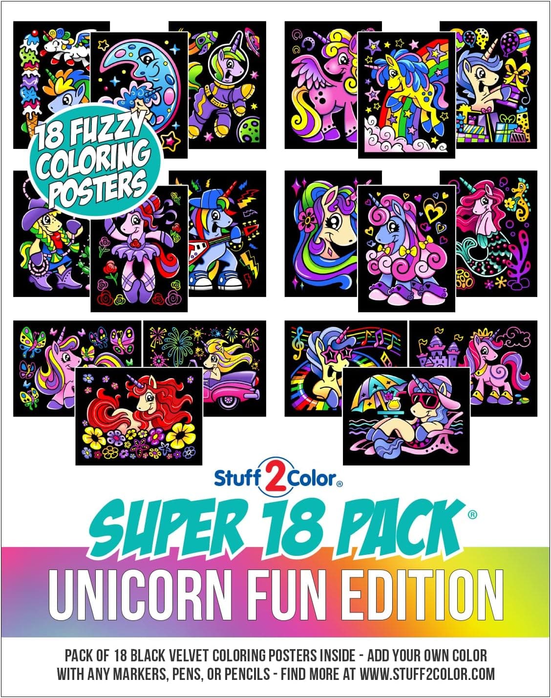 Super Pack of 18 Fuzzy Velvet Coloring Posters (Unicorn Fun Edition) - Great for Family Time, Arts and Crafts, Travel, Quiet Time, Sharing, Parties [All Ages: Kids, Girls, Adults, Toddlers, Teens] : Toys &amp; Games thumbnail 4