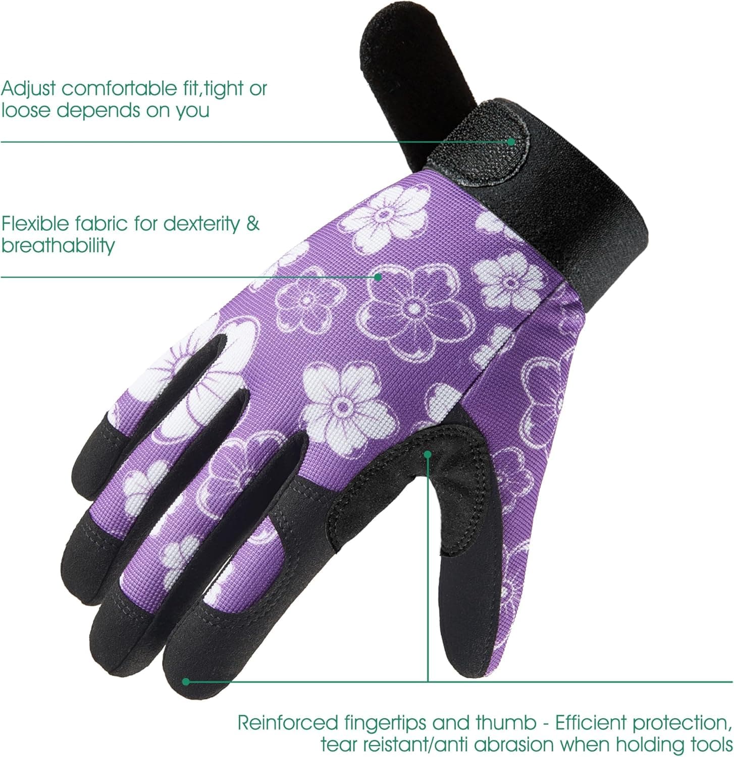 COOLJOB Medium Gardening Work Gloves for Women - Thorn Proof Purple Floral thumbnail 2