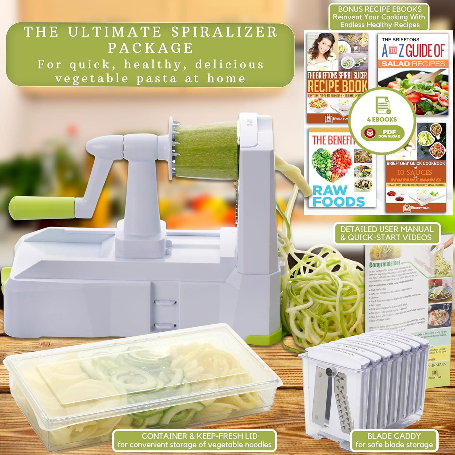 Brieftons 10-Blade Vegetable Spiralizer: Zucchini Spiral Slicer &amp; Veggie Noodle Maker, Japanese Steel Blades, Catch Container, Strong Suction Cup, Blade Caddy, 4 eBooks | Low Carb, Vegan, Gluten-Free: Home &amp; Kitchen thumbnail 3