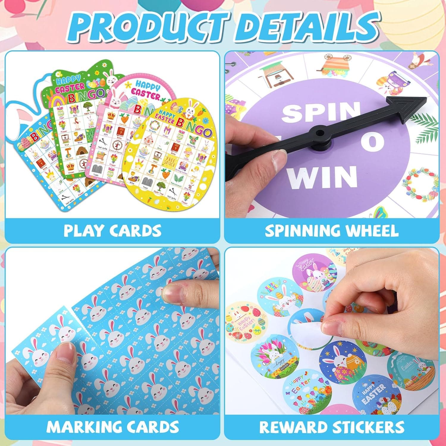 Easter Bingo Game Cards for Adults 24 Players Easter Egg Bunny Bingo Games Spring Holiday Bingo Cards with Turntable Reward Stickers for Party Classroom Activities Home Family Party Game : Toys &amp; Games thumbnail 3