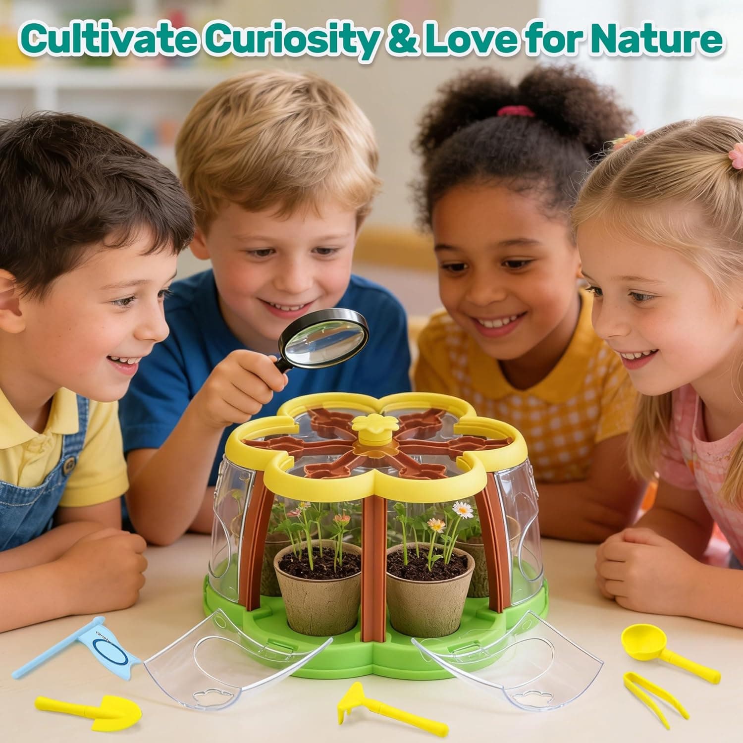 CUTE STONE Kids Gardening Set with Wheelbarrow and Grow House thumbnail 2