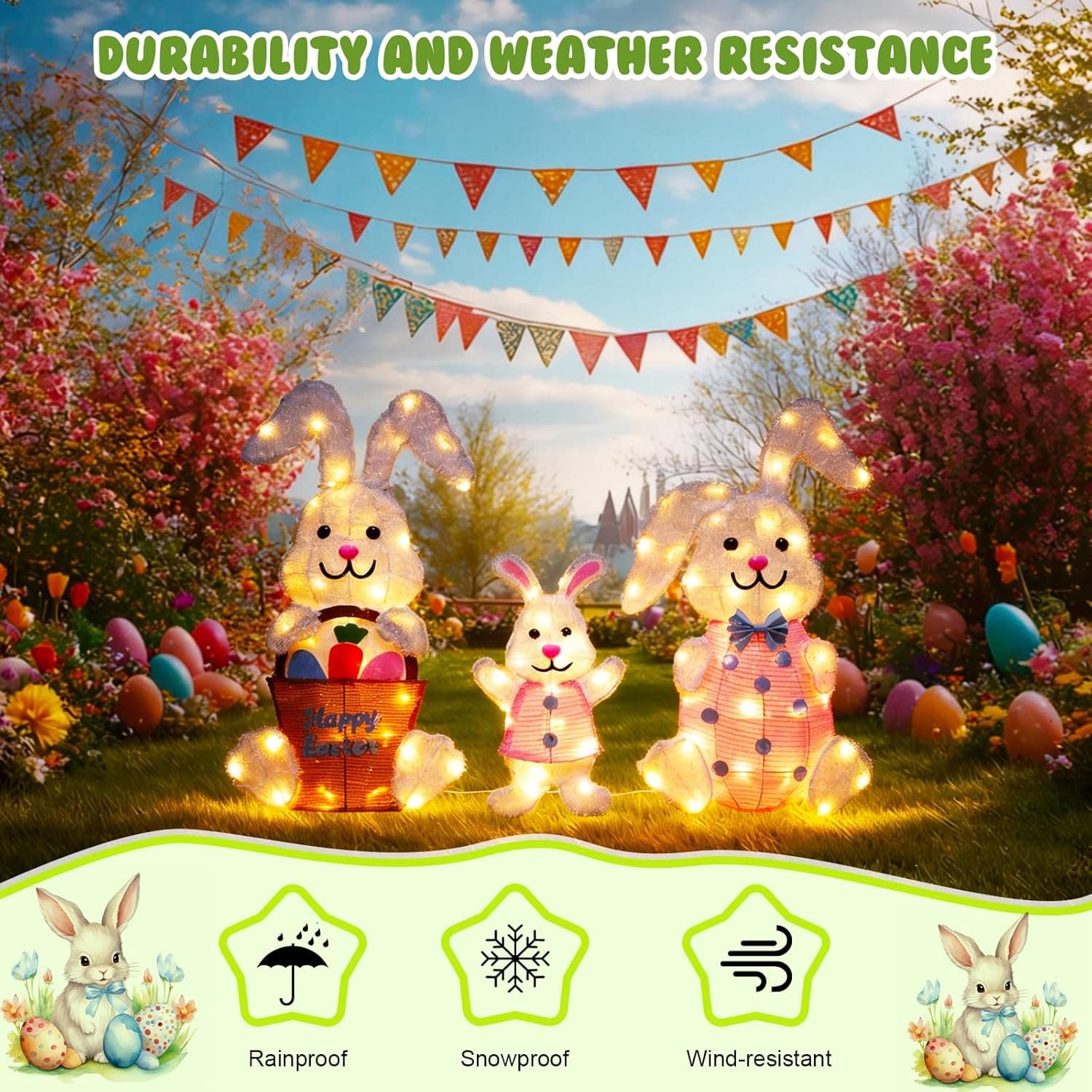 3-Piece Lighted Easter Bunny Outdoor Decorations with 85 LED Warm White Lights thumbnail 5