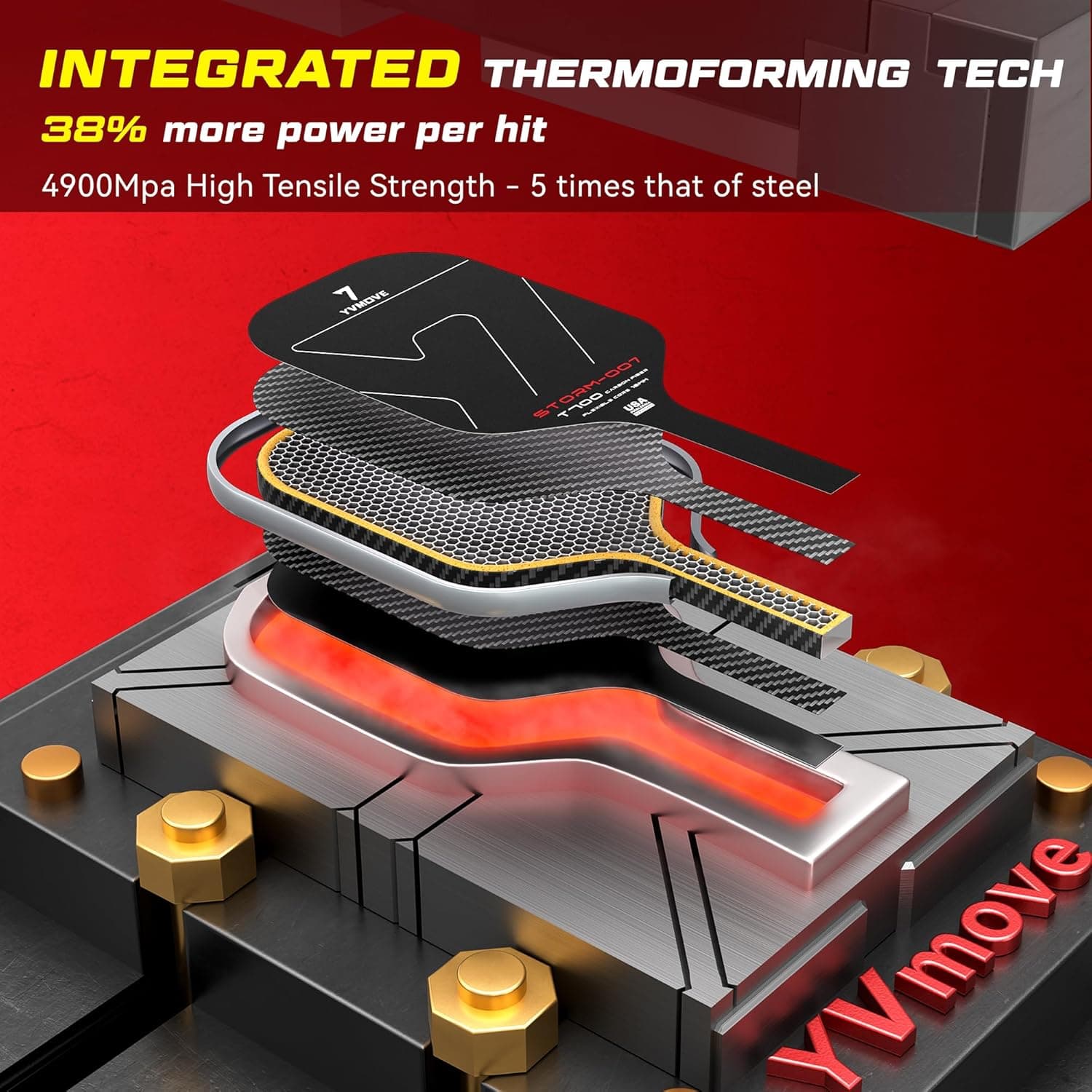 YVmove Pickleball Paddle with T700 Raw Carbon Fiber Surface & 16mm STR-Core Power Polymer Core thumbnail 4