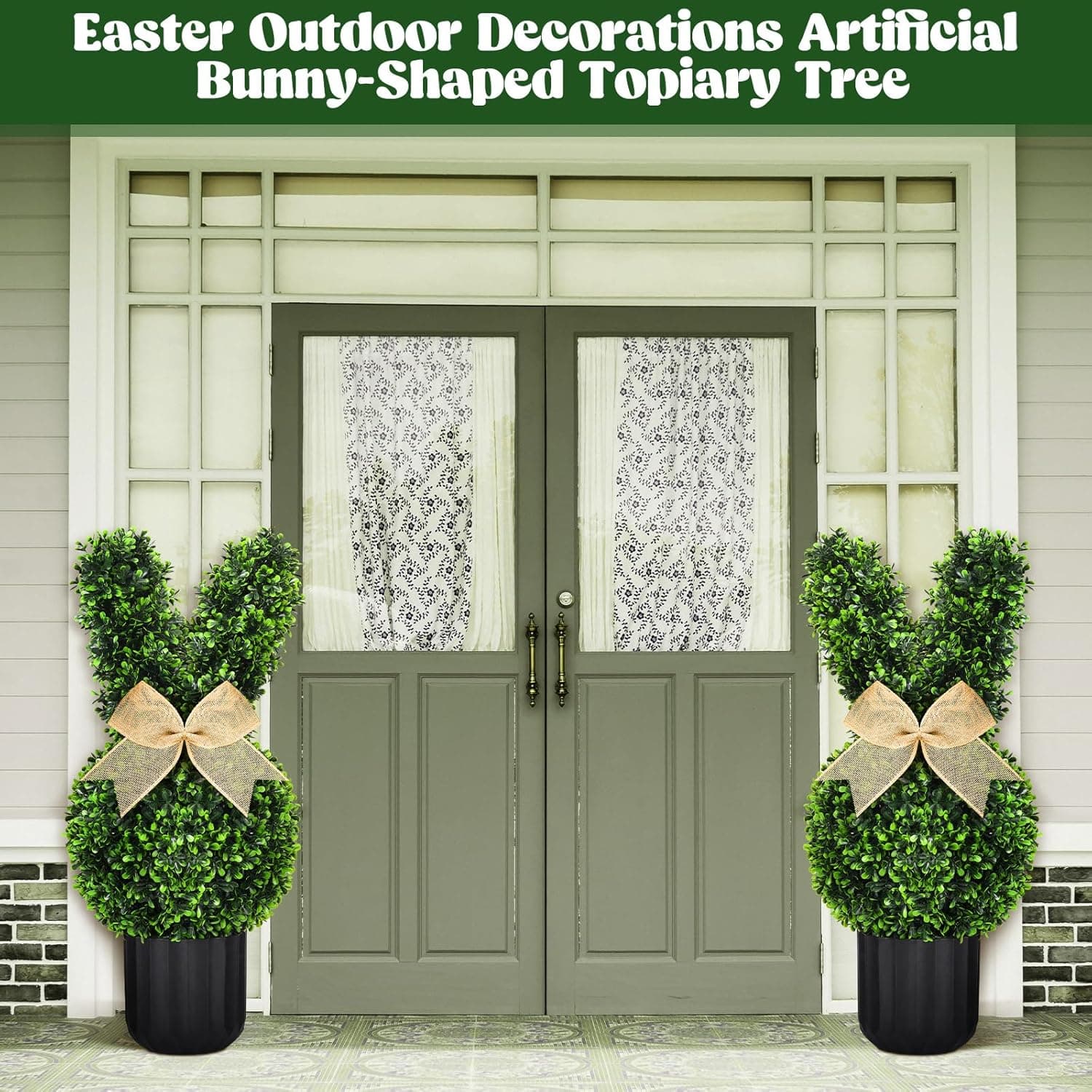 Amazon.com - Wavwavw 2 Sets Easter Bunny Topiary Tree Artificial Rabbit Topiary Outdoor Decorations 23.6 in Artificial Bunny-Shaped Tree Faux Boxwood Plant with String Lights for Garden Home Indoor Porch Decor thumbnail 3