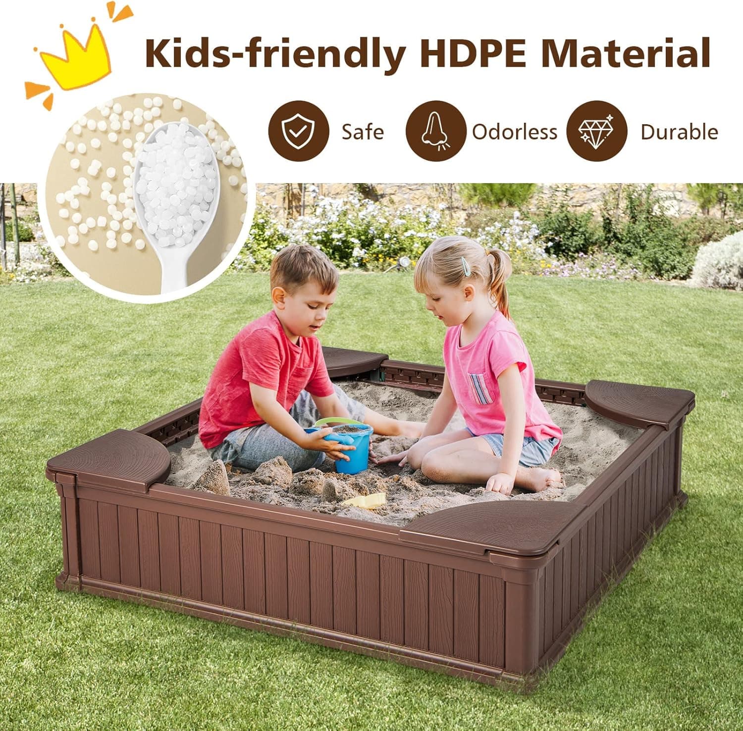 Costzon Kids Sandbox with Cover, 4ft x 4ft HDPE Sandpit with Oxford Cover, Bottom Liner, 4 Corner Seats, Weather Resistant Outdoor Sand Pit for Backyard Lawn Garden Beach (Dark Brown) : Toys &amp; Games thumbnail 2