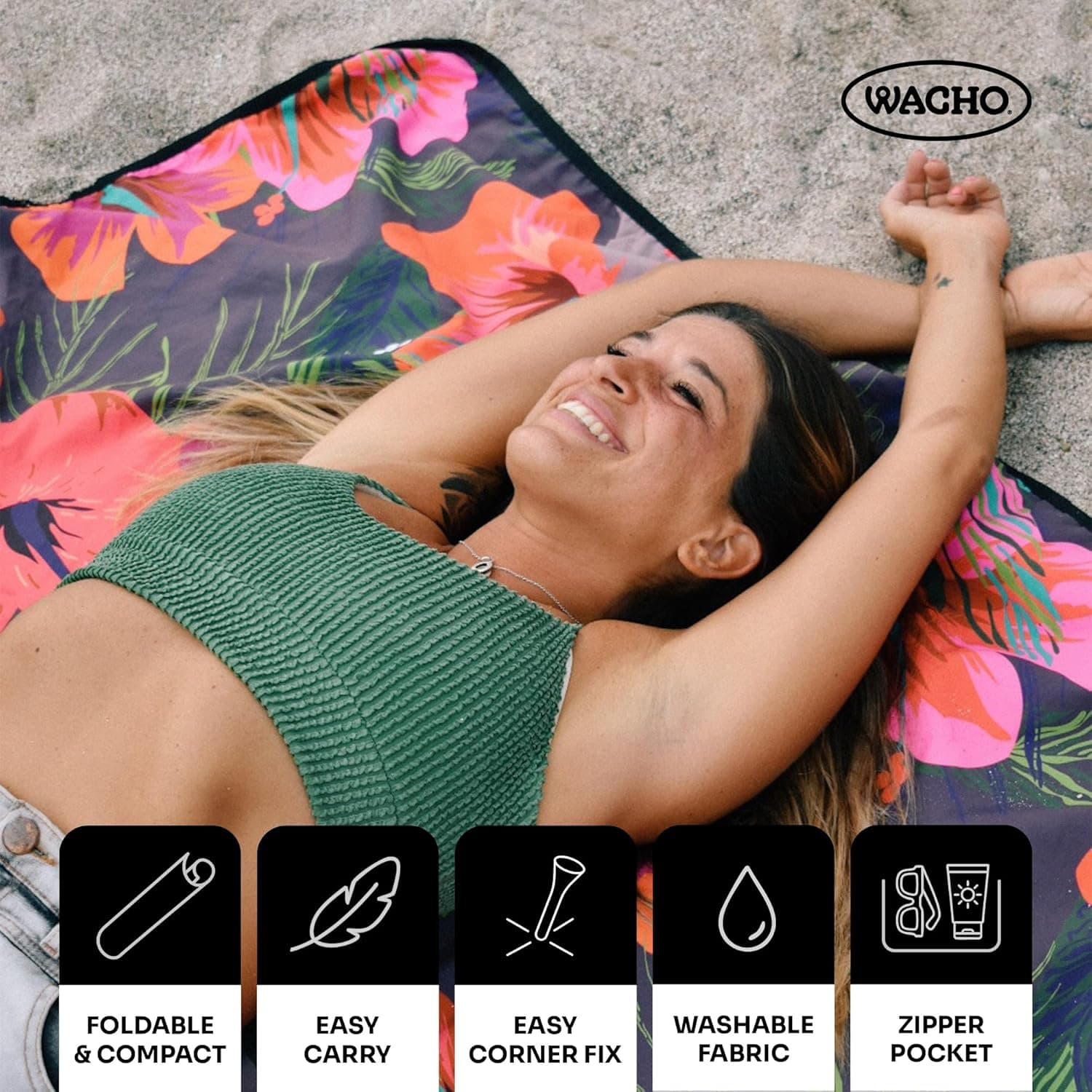 Wacho Beach Blanket Waterproof Sandproof and Picnic Blanket - Large Outdoor Blanket for Camping, Beach &amp; Travel - Foldable Picnic Mat with Carry Bag- Beach Essentials - Hibiscus Floral : Patio, Lawn &amp; Garden thumbnail 2