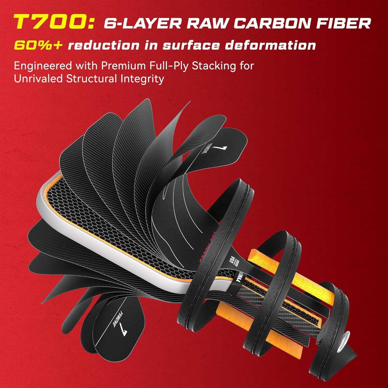 YVmove Pickleball Paddle with T700 Raw Carbon Fiber Surface & 16mm STR-Core Power Polymer Core thumbnail 2